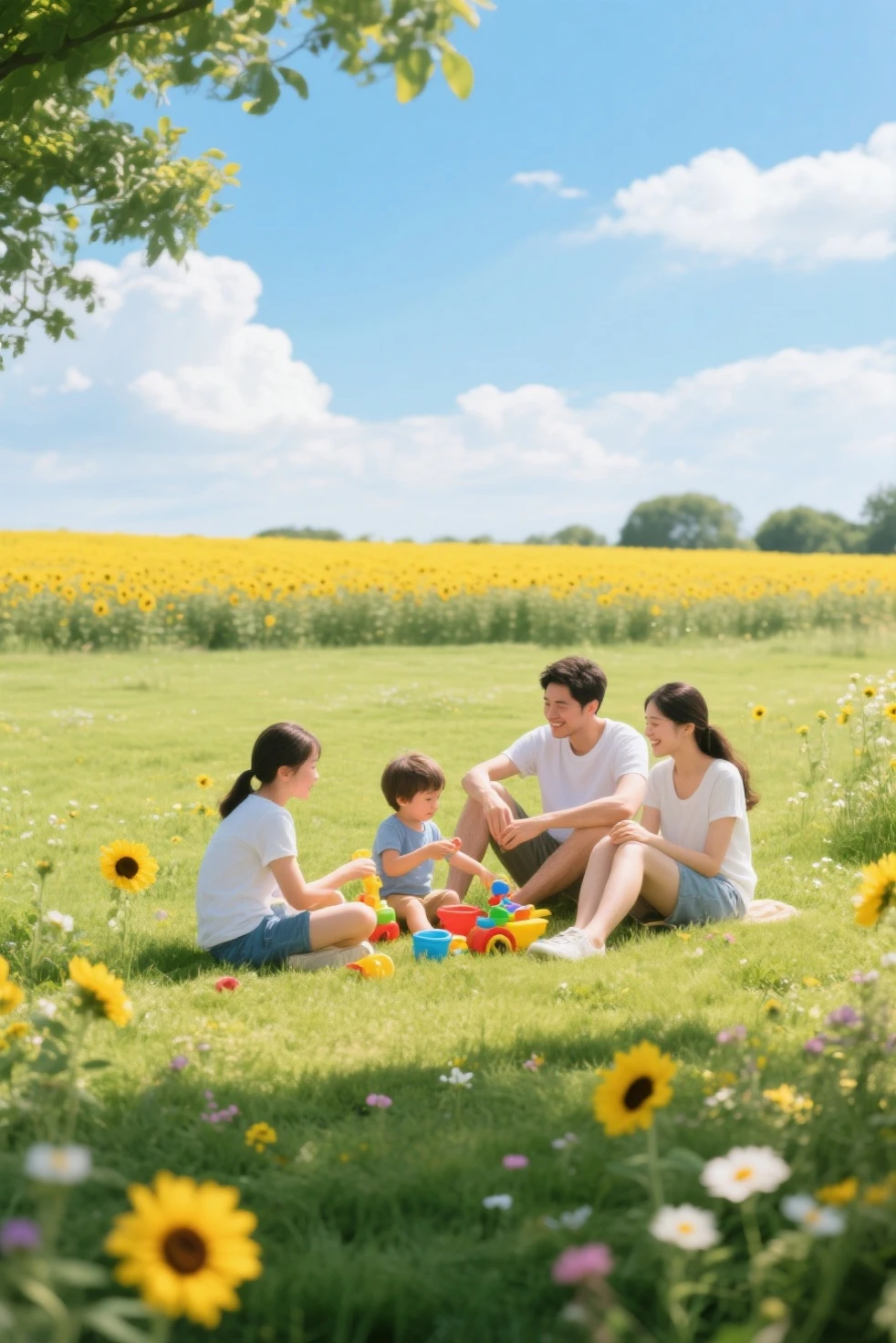 A child is sitting and eating happily outdoors in nature. A plate is placed on a wooden table. Food is on the plate. Realistic photography style. Sunlight, big trees and grass. Long-range view from top down. Facial restoration, natural smile, reasonable and realistic face, complete and beautiful facial features, natural expression