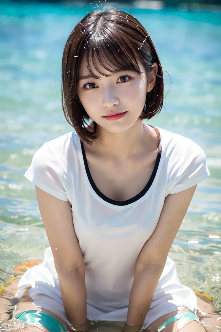 Best quality,raw photo  , 19 years old Japanese female idol,bathe in water,face focus, from above,leaning forward , v-neck sweater, Short hair, bowl cut ,cute face  ,open_mouth ,edgy ,tongue out a little,droop ,murky water , overflowing  ,wet ,selfie, on the beach, rain,night, dim,Spotlight