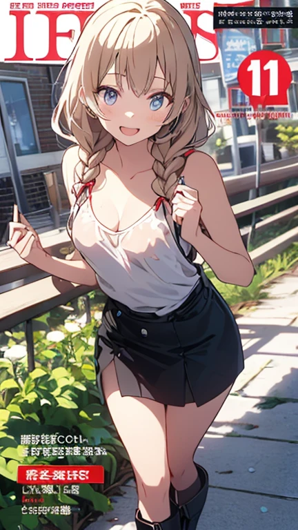 (small breasts:1.2), (perky chest:1.2), (pointed chest:1.2), (Pudding cake magazine cover:1.3),(from above:1.0),(shoot from the side:1.1),masterpiece, 1girl, Amazing Cleavage:1.1, thin waist, optimum,tmasterpiece,hight resolution,best qualtiy,hyper HD,super detailing,awardwinning,a 18yo cute girl,(The upper part of the body),anatomy correct,Beautiful Black miniskirt,garters,Gaze,Small face,bangss,holster,Beautuful Women,hands up,leg holster,Gaze,black boots,Cowboy Shot,cute face,a blond,Longhaire,Twin-tailed,Braids, Hairline,（scarlet eyes）,long eyelasher,Hanging eye corners,White skin of the, ((see through camisole:1.1)), ((Sheer nipples:1.0)),Rocket Tits,(Slim body),smile,seductive weak smiling,(with sparkling eyes and a contagious smile),little open mouth, Looking at Viewer,
