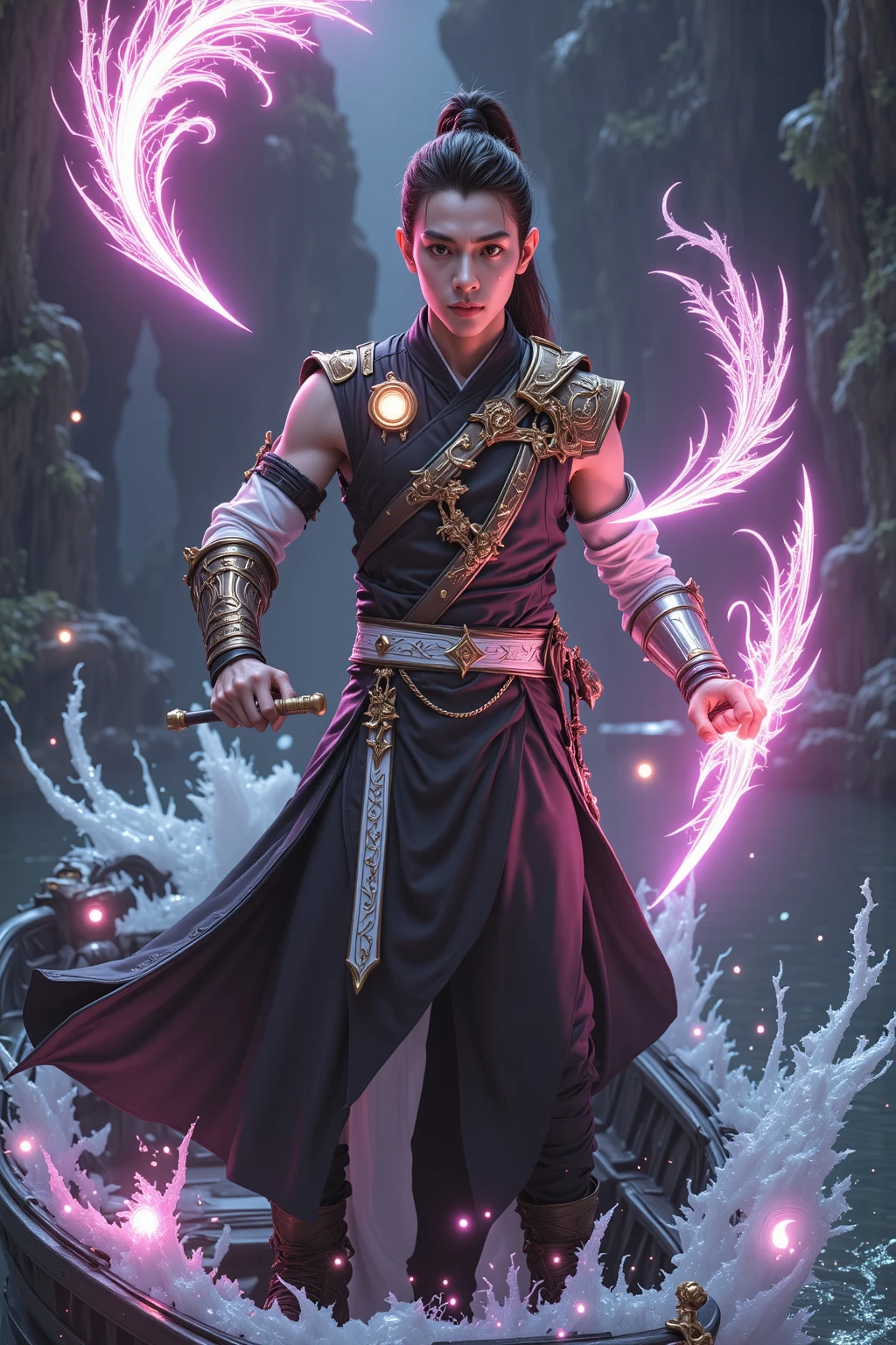 A man wearing a warrior costume, taking out knowledge in the form of lightning, spinning his whole body purple, behind a red dragon attacked him