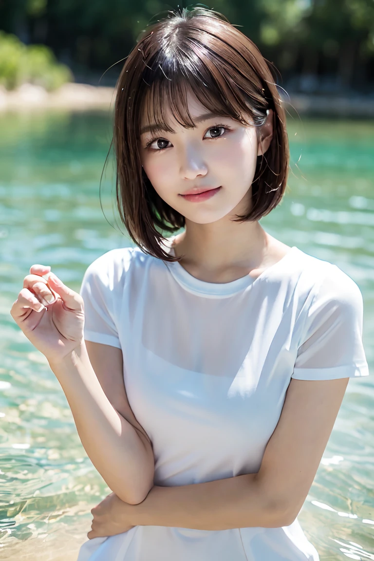 Browsing Caution、highest quality、8k、No makeup、masterpiece、クリアなphotograph、Ultra-high resolution、Realistic、Professional Lighting、photograph、smile、Very slim、Slender body、cute、White skin、Very short hair、Wearing a wet white t-shirt:1.6、Full Body Shot:1.6、Soaking wet:1.8