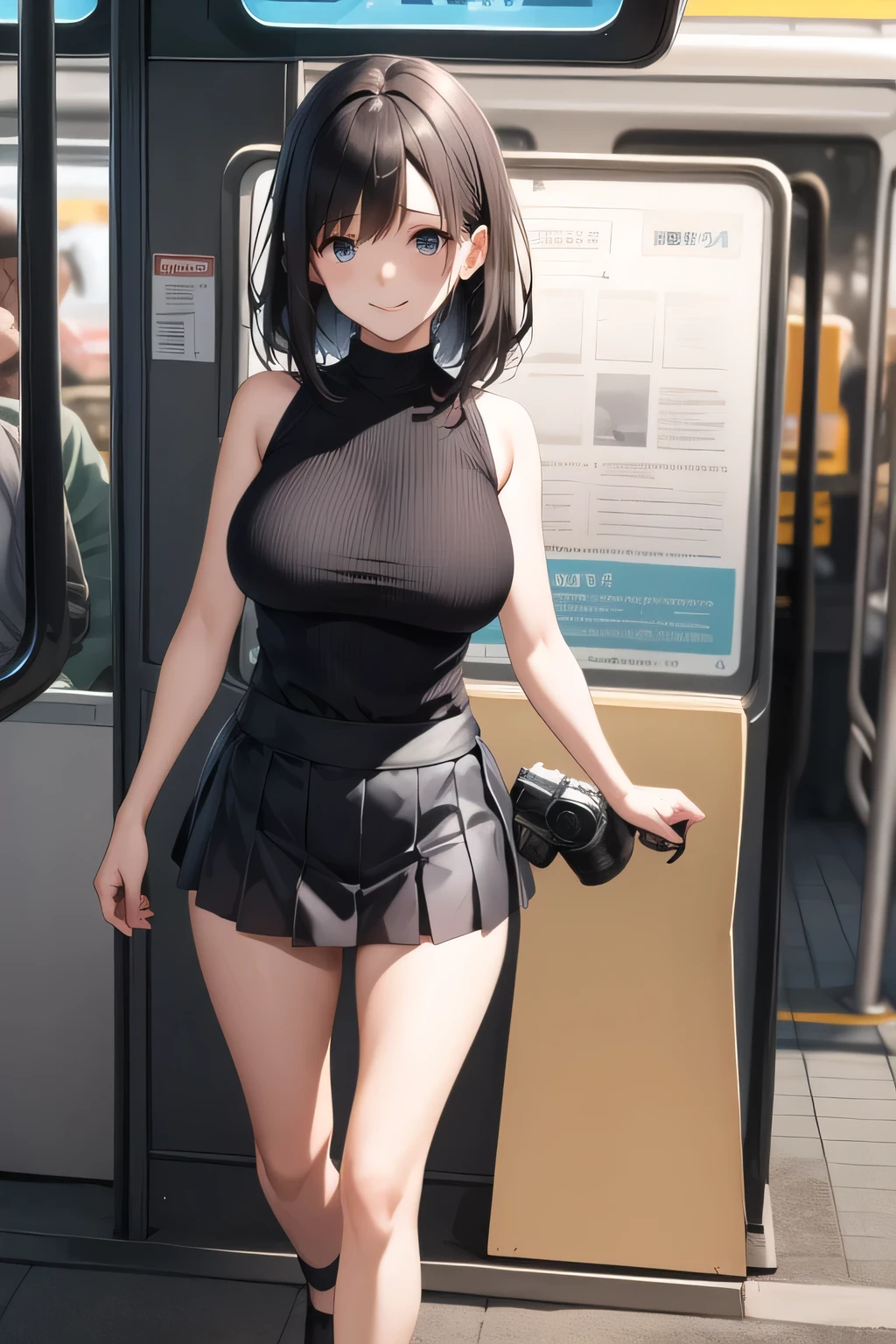 ,nice smiles,Can you draw a woman looking at a train,can you draw a woman waiting in front of the car in front of you,東京の地下鉄ホームでwaiting for the train女性は描けますか, ,congestion,waiting for the train,fun,Underground railway stations ,The sign hanging on the wall,{{X}},depict her expression more delicately,walking alone, city tour ,,(((is wearing casual clothes inspired by tourists))), I have a SLR camera ,(Let's draw a more delicate look),(sleeveless wool sweater),( Pleated Legs,white panties),(That work is enough for one person {X} is very important for work)、 That's enough,frown。unless the job requires it。 {X}、 , An attractive 40-year-old woman takes off her uniform and jumps off, Big black wavy hair, , Big Breasts, Thin Waist , , ,Faces are very important,