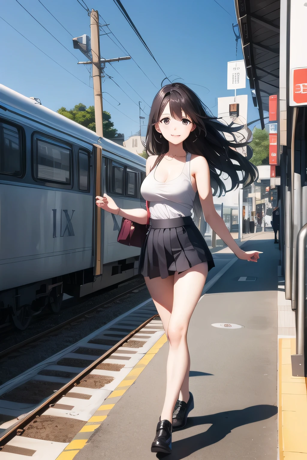 ,nice smiles,Can you draw a woman looking at a train,can you draw a woman waiting in front of the car in front of you,東京の地下鉄ホームでwaiting for the train女性は描けますか, ,congestion,waiting for the train,fun,Underground railway stations ,The sign hanging on the wall,{{X}},depict her expression more delicately,walking alone, city tour ,,(((is wearing casual clothes inspired by tourists))), I have a SLR camera ,(Let's draw a more delicate look),(sleeveless wool sweater),( Pleated Legs,white panties),(That work is enough for one person {X} is very important for work)、 That's enough,frown。unless the job requires it。 {X}、 , An attractive 40-year-old woman takes off her uniform and jumps off, Big black wavy hair, , Big Breasts, Thin Waist , , ,Faces are very important,