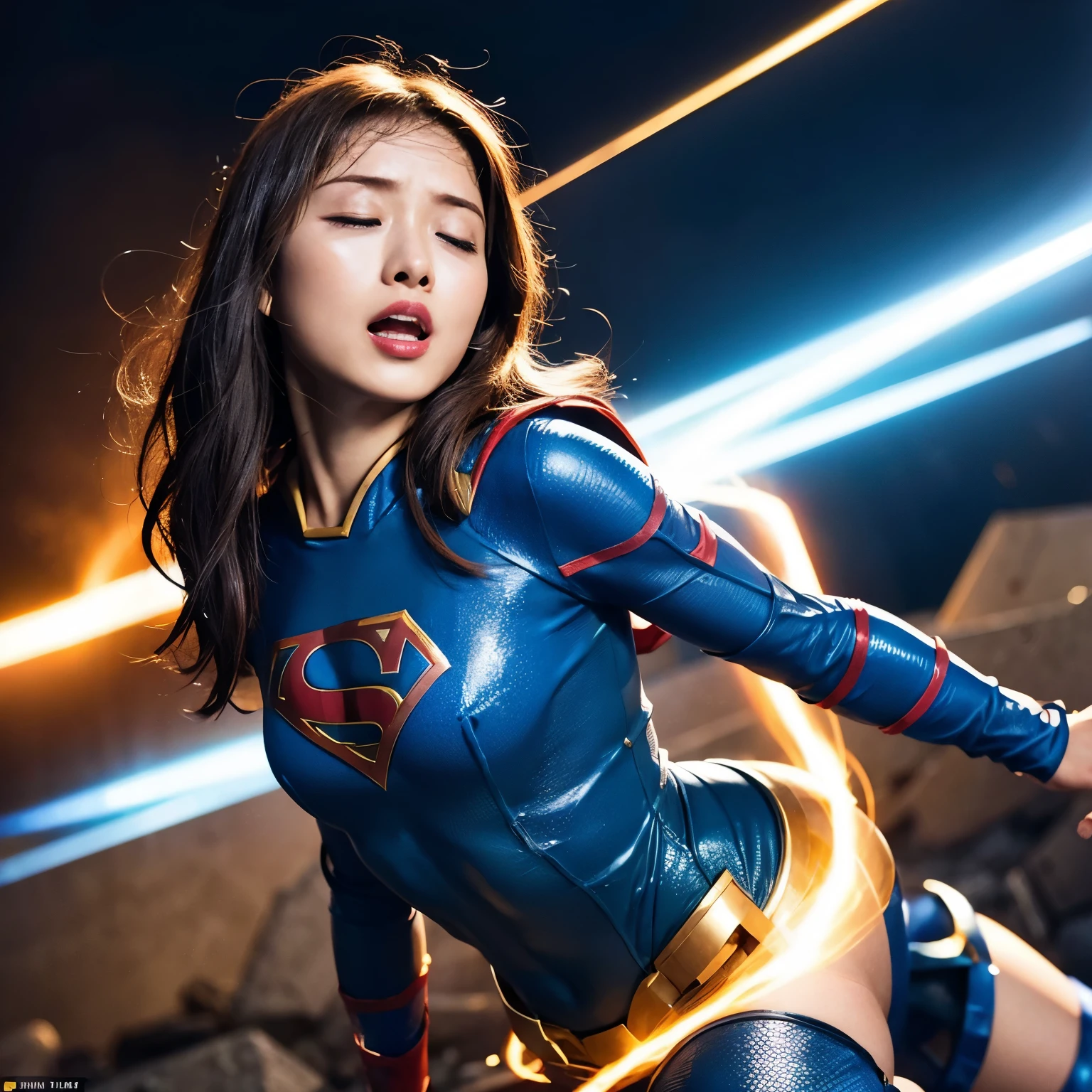 masterpiece、supergirl costume、short hair、barefoot、big and full breasts、yield、Crisis situation、prison、in a cage、insult、kneel down、sweaty、shiny、looking at camera、Seduce、choker、long sleeve、red sexy pose、POW camps、humiliating
