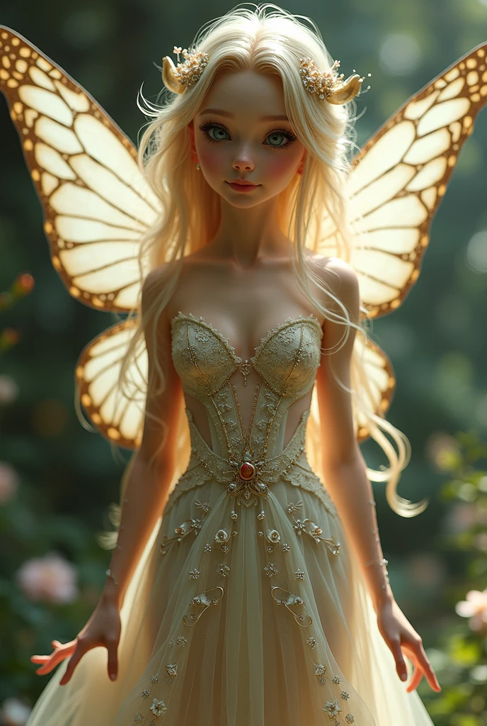 "((Innocent)) girl, golden hour, dreamy meadow, ethereal, whimsical, flowing dress, soft sunlight, enchanting, butterfly wings, (pastel clouds), liquid reflections