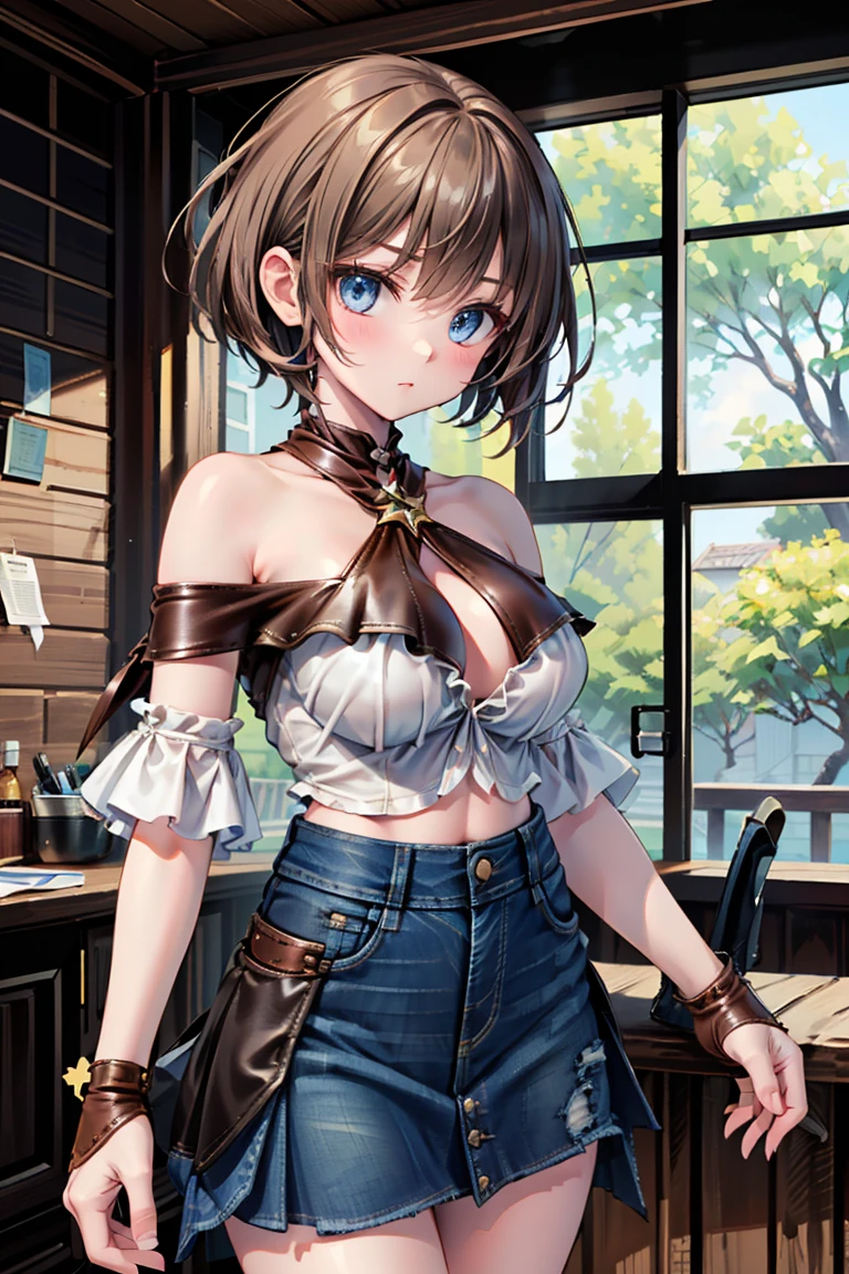 ((blush:1.2)), 1 girl, riser, atelier, Alchemist, beret, shorts, over the knee boots, cowboy shot, huge breasts, front, close the legs, Put your hands behind your head,