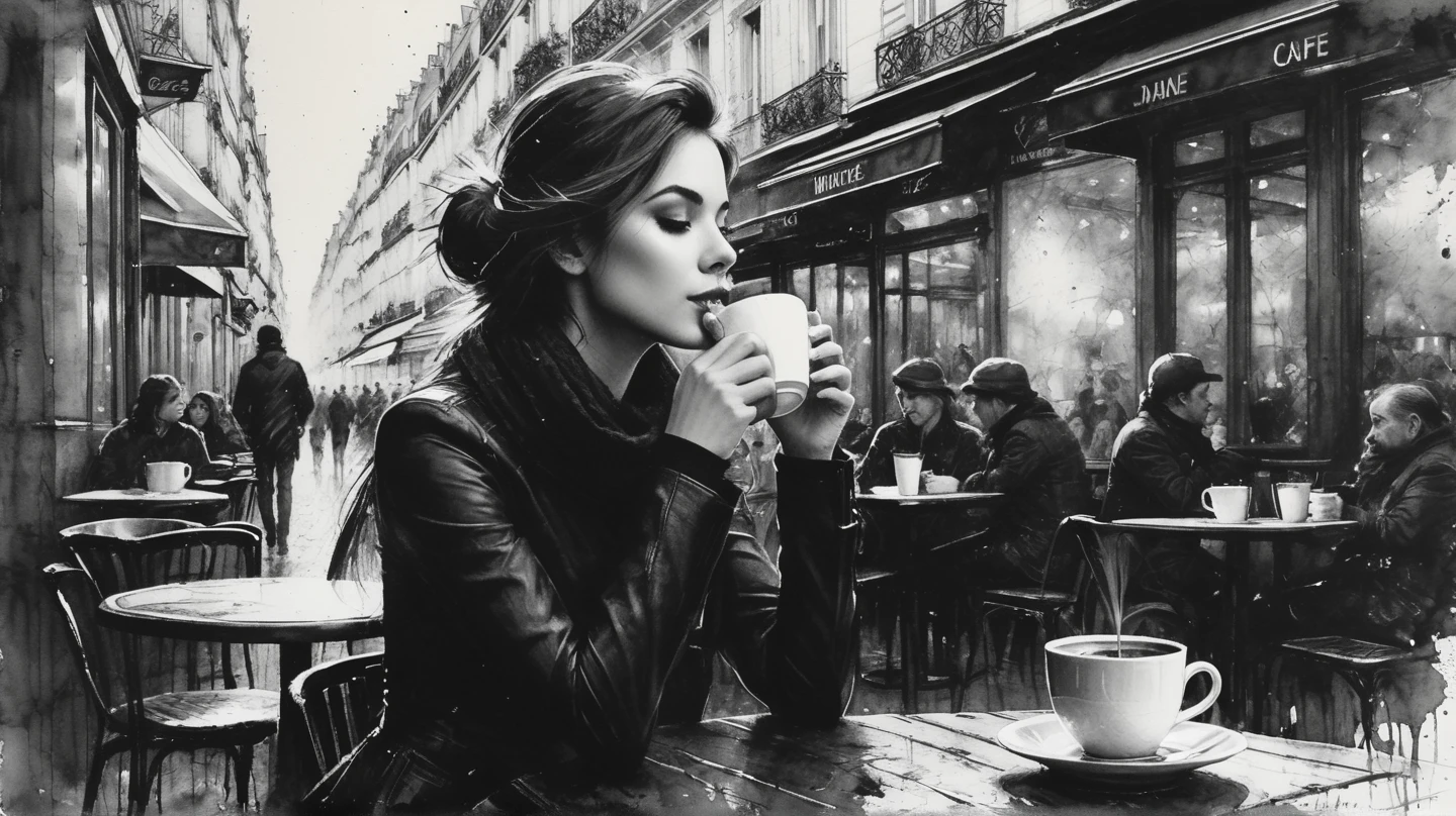 8K quality, ultra-high definition realism, an open cafe terrace in Paris in the 1930s, a mature woman is drinking coffee, the sky is gloomy under cloudy skies, the season is autumn, the woman is a spy for the German government, her black hair is braided and tied up, she is wearing a black leather trench coat, her eyes are drawn in detail, her eyelashes are long, she is beautiful, she exudes an air of mystery, she is slim and intelligent, she is smoking a cigarette, the camera captures her in a bust shot, the background is the city of Paris but is slightly blurred.