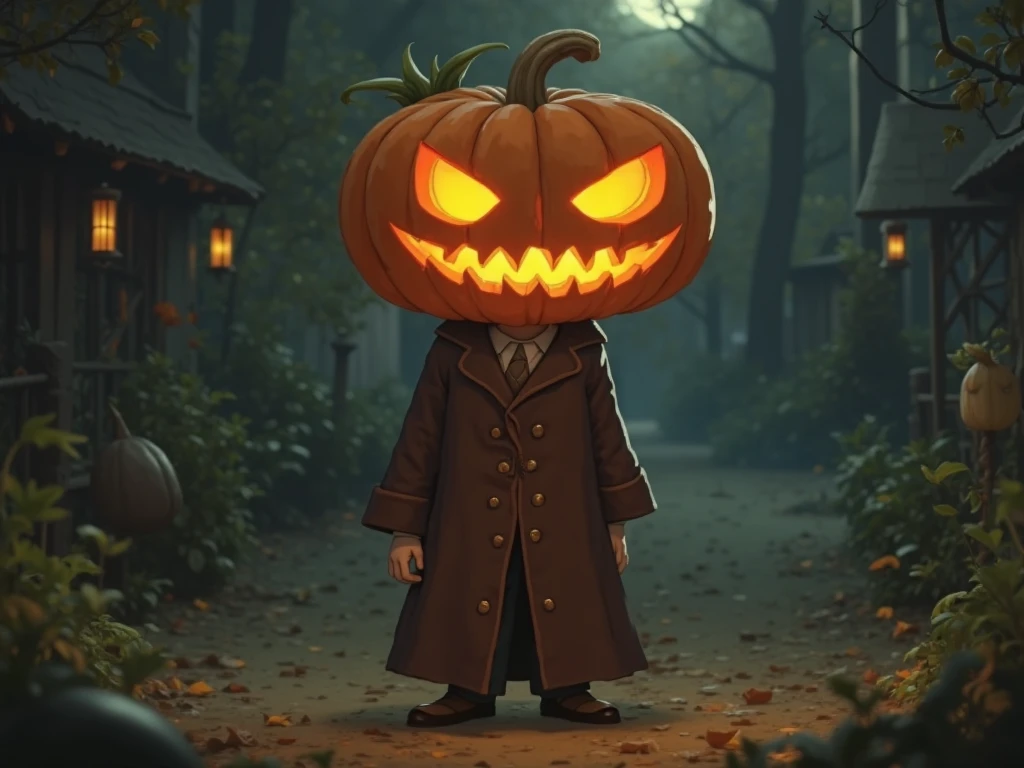 a drawing of an 8 year old boy who wears simple peasant clothes and a dark brown overcoat, he wears a carved pumpkin on his head as if it were a helmet, in the background a hanging scarecrow who wears old clothes and has a pumpkin head, they are on a plantation at night
