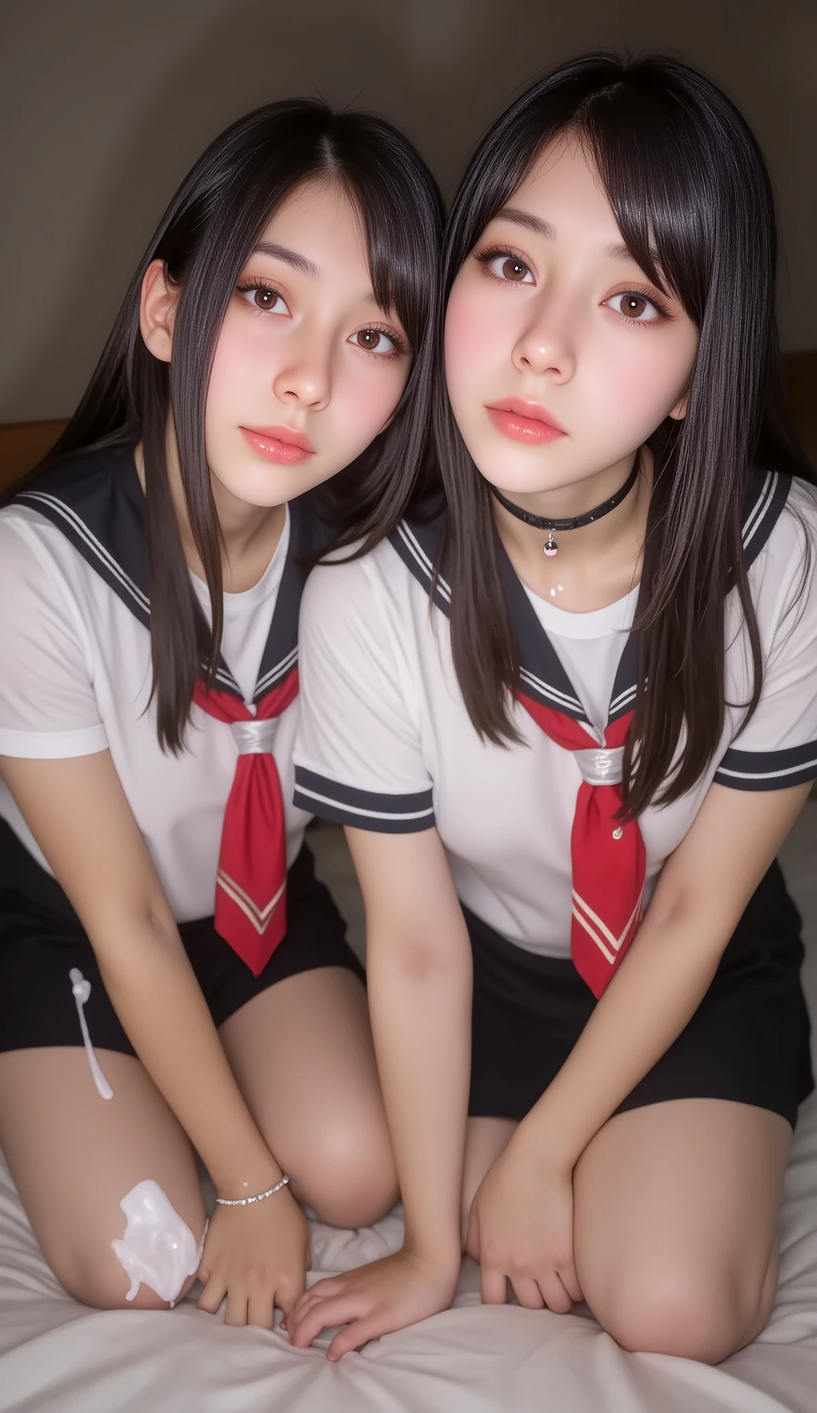 "2 school girls are on bed doing COOPERATIVE HANDJOB to viewer, (best quality), ((masterpiece)), (highres), illustration, original, extremely detailed, semi realistic, cinematic lighting, masterpiece, (perfect lighting:1.4), expressive! Exposed, (((nsfw, uncensord))), source_photo, source_anime, 8k, highest definition, RAW photo, DSLR, ultra-detailed, picture-perfect, best quality, detailed shading, depth_of_field, cinematic lighting, ((dynamic view)), (hyperrealistic:1.2), (二次元大系·御姐篇_V1.0:0.7)zlqs, best quality, masterpiece, PERFECTEYES, DARK EYELASHES, EYELINER, SOFT GLOWING EYES, 2girls, multiple_girls, looking_at_viewer, foreshortening, closeup, sweat, movement_lines, (motion sex), motion_blur, seductive, vibrant, curvy, handjob, double_handjob, COOPERATIVE HANDJOB, 1boy, big_penis, white_cum, ((cumming, , cumming tons of cums:1.1)), ((bukkake excessive cum, covered in sperm, sperm on the face, sperm on clothes, sperm on , sperm in the hair, facial on a girl:1.1)), bedroom background, indoors, bed, bed_sheet, blurry_background, gyaru, school uniform, skirt, mini_skirt, black_skirt, pleated skirt, knee_socks, gyaru, school uniform, skirt, mini_skirt, black_skirt, pleated skirt, shirt, white shirt, sailor collar, black sailor collar, black serafuku, short sleeves, neckerchief, red neckerchief, jewelry, bracelet, choker, Shiny_skin,breasts, huge_breast, breasts_exposed, cleavage ,straight_hair, longhair, brown-hair, bangs, red_eyes, big hips, big thighs, stretched pussy, sensual fuck, riding cock, wet crotch, wet anus, grinding on cock, ass spread, size difference (moist skin), (sweaty skin:1.2), super detail, ((transparent liquid flowing only from vagina, soaked dripping:1.35)), pussy juice, excessive cum"