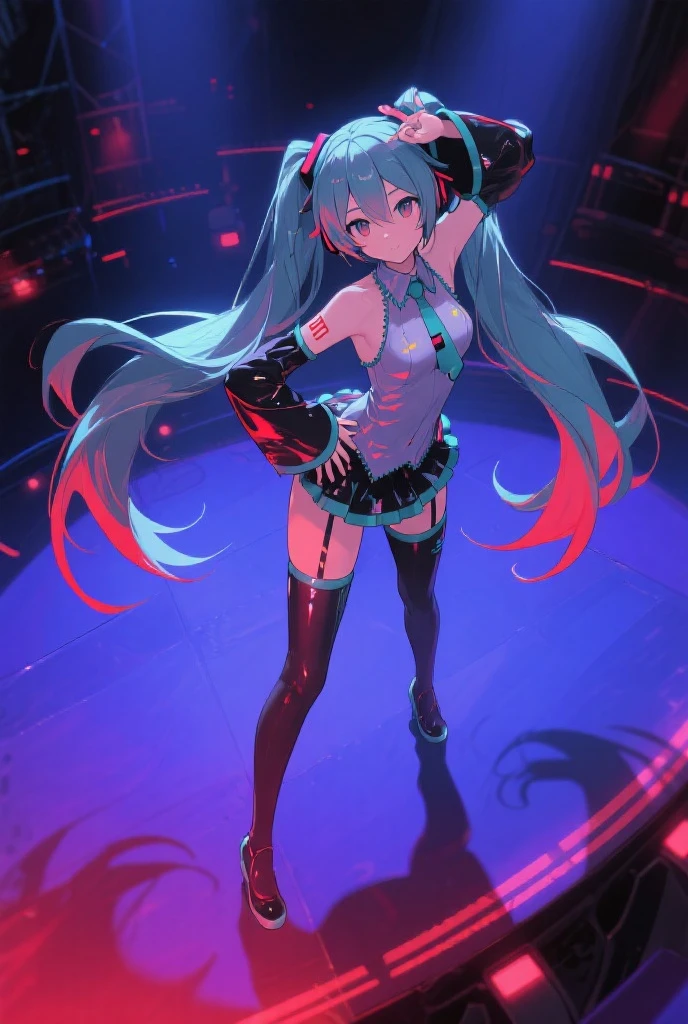 (dynamic angle:1.4), (full body pose:1.5),Hatsune Miku,super idol,goddess scanty,beautiful breasts,A sly smile