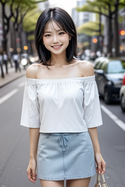 Highest quality,Ultra-high resolution,Japanese Idols,actress,Big Eyes,smile,Earrings,Bob Hair,Off-the-shoulder shirt,Showing pussy,No underwear,Walking a dog in a crowded park,squat