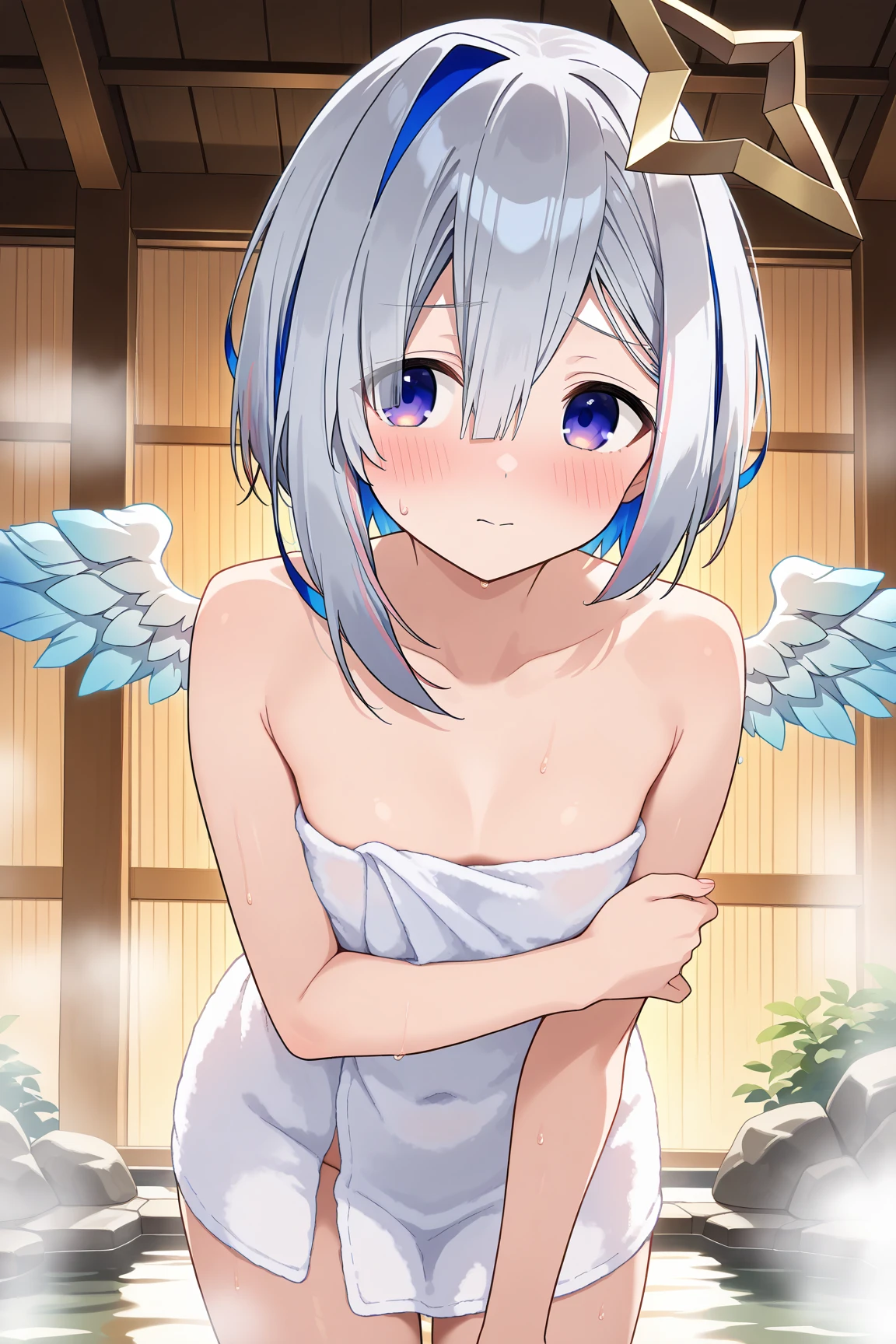 best quality,ultra detailed,extremely detailed and beautiful,perfect anatomy,perfect hands,solo,1 girl, (amane kanata:1.3), ,(small breasts:1.4 ),sea,doyagao,smug face,star halo, multicolored hair, asymmetrical hair, purple eyes, short hair, blue hair, grey hair, bob cut, streaked hair, hair over one eye, white wings, (have one's top off:2),maid, (half undressed),(Waist frill apron:1.4),topless,one hand on tray,
