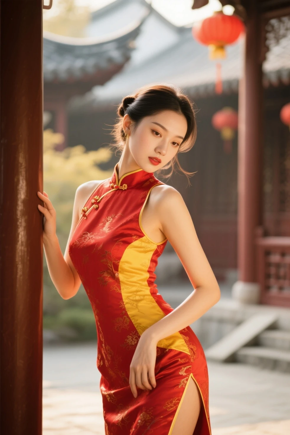 8k, Tabletop, RAW Photos, highest quality, Realistic, Highly detailed CG Unity 8k wallpaper, Written boundary depth, Cinematic Light, Lens flare, Ray Tracing, (Very beautiful face, Beautiful Lips, Beautiful Eyes), Exquisitely detailed face, ((Highly detailed skin)) One Girl, In the Dark, Deep Shadow, Cute Korean Girl, K-POPアイドル, 1 girl, (Very slim and slender fit muscular body:1.3), ((Show Viewer)),(Big smile:1.3), (Fashion City Night, Dark Night, (Neon Signs), (Blurred Background), Fashion Street Night),(No people in the background:1.3), Beautiful earrings, bracelet, pantyhose, Clear Eyes, walk, (Pale skin), (Big eyes), look forward to, (Brown Hair), (Full Body Shot), ((Silk Chinese Dress:1.3)), ((Tight Fit Dress)), , (Show Viewer:1.3) Open chest, Very slim, Huge , Backtrack, (Shrapnel), focus on, in front of the eyebrows,(Tight Dress), Thick thighs,Beautiful ponytail