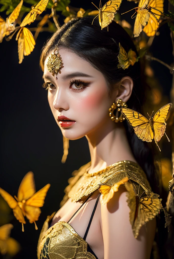 8k portrait of beautiful cyborg with brown hair, intricate, elegant, highly detailed, majestic, digital photography, art by artgerm and ruan jia and greg rutkowski surreal painting gold butterfly filigree, broken glass, (masterpiece, sidelighting, finely detailed beautiful eyes: 1.2), hdr