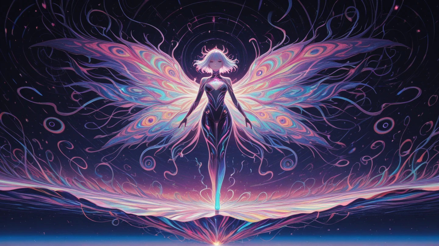 there is a woman standing in front of a painting of a planet, futuristic city in background, psytrance artwork, interconnected human lifeforms, panoramic view of girl, progressive rock album cover, dream of the endless, star dust, galaxy, stoner rock --ar 16:9 --v 5.1