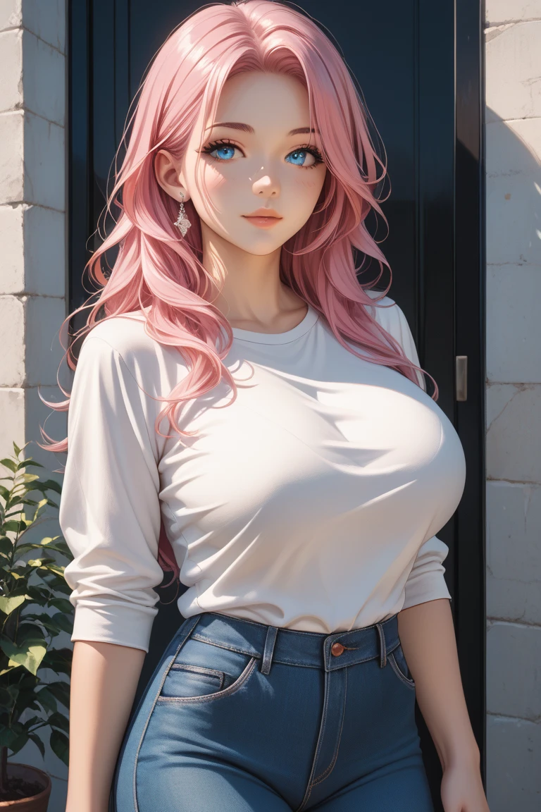 best quality, woman, solo, 22 years old, masterpiece, 8k, detailed skin texture, ((beautiful detailed face)), intricate details, (long pink hair), parted bangs, (half body), detailed blue eyes, blush, (confident smile), ((raised eyebrows)), neat girl, (huge breasts), (curvy:0.9), cleavage, (white tank top), bare arms, navel, (tight denim short shorts), (staying on the corridor of a building), (dynamic angle)