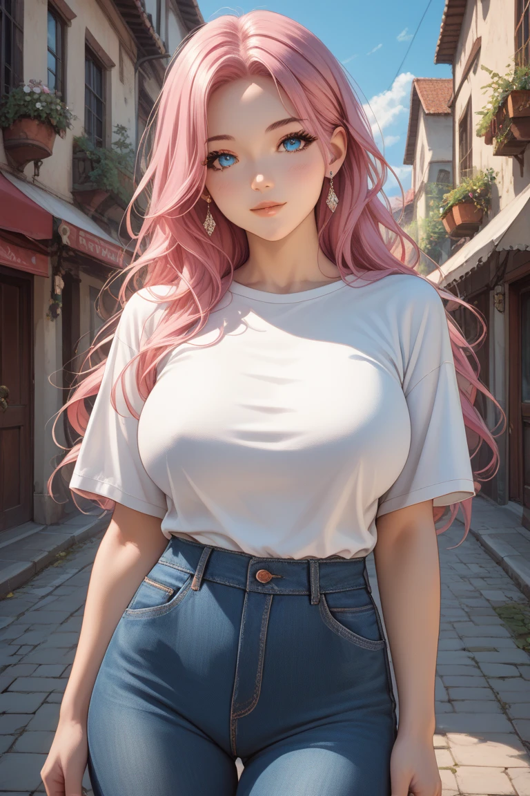 Low above, mixed_artwork style, ((アニメ)), Dangling , big fit ass , neckleace, sweaty, sexly, Thick, 1 girl, eyes browns, pink  hair, long hair, darkskin, pink bear ears, long sleeves, sleeves past the wrists, top cut, looking ahead at viewer, forst, tree, lips