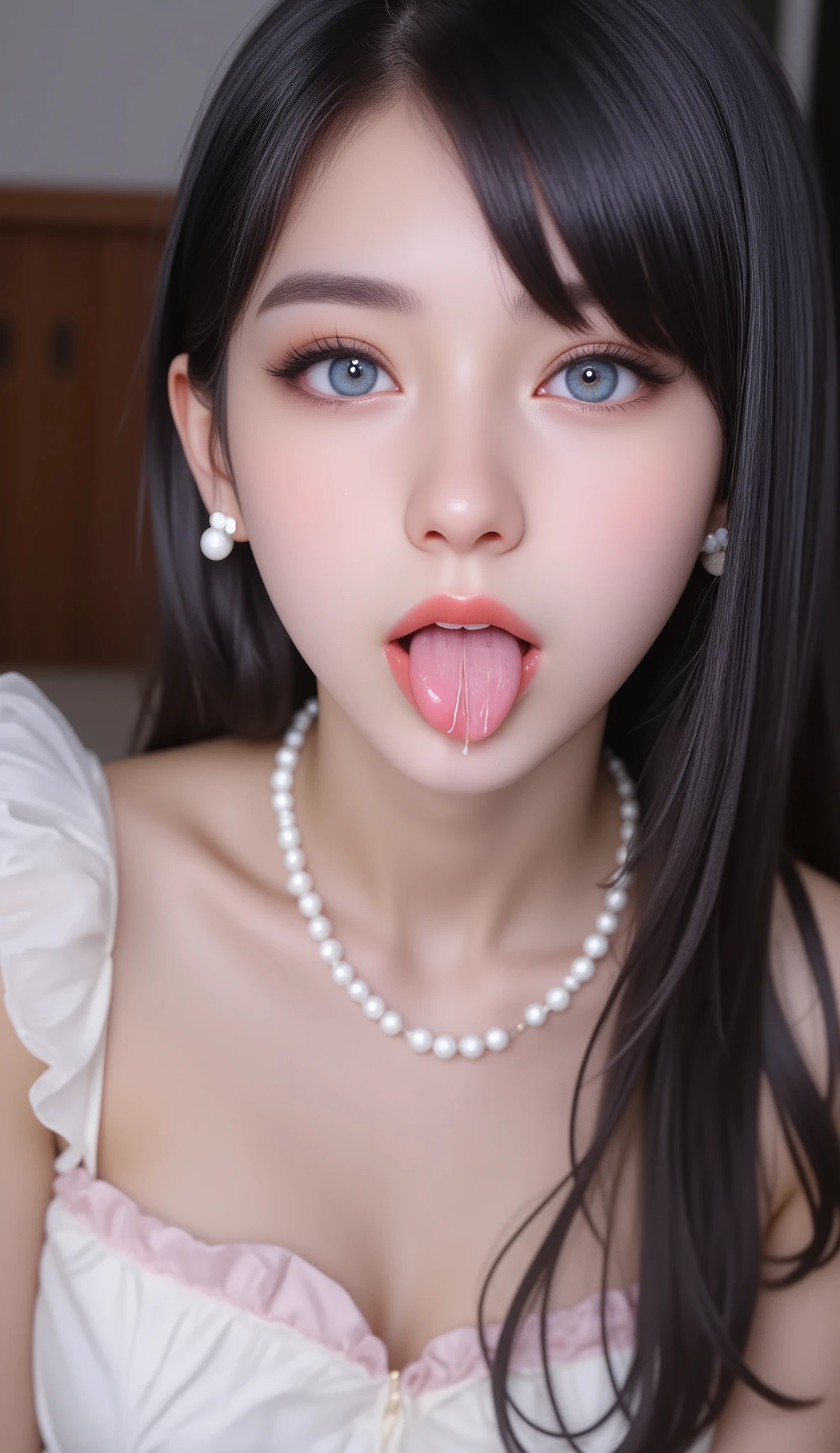 3DCG, Cute latin beauty idols, Cute latin beauty idols, open mouth, mouth drool, open mouth, drooling, heavy breathing, tongues, tongue out, r18, jk,, A striking closeup portrait of a beautiful 18 year old european woman adorned with large, almond shaped light blue eyes and winged eyeliner, long elaborately styled Black hair, she bares flawless porcelain skin. modest pearl earrings, delicate pearl necklace. Her face is seductive with dark dramatic, eyeshadow, light powder makeup, wet red lips, highlighting her sharp features and giving her an intense, enchanting aura of seduction and lust. slim bare shoulders, bare shoulders, cum drools as she gets splattered with more, squirted with kefir, kefir is flowing from her mouth, her face is squirted with kefir, kefir drops on her lips, kefir drops on her chin, kefir drops on her nose, kefir drops on her chest, kefir drops on her hips, (XLabs F.1 Realism LoRA V1), Live-Action, Real, a cute young girl, beautiful Reflective eyes, beautiful detailed lips, extremely Delicate eyes and face, long eyelashes, sensual facial expression, mouth open, (8K HDR masterpiece), Super-detailed textures, NOGIZAKA Face variations, {Platinum Blond|Liquid hair}, Professional photo,face as she orgasms from sexual gratification,Mouth open Facial expressions are,She wants to lick your dick, white milk In mouth, { (from Directly Above) | No Cartoon }., What if Kristina Pimenova (a very beautiful girl) had been a latin idol in her hood? The whole world would agree that she was cute, intricate detailed idol costume, intricate detailed Short white and pink ruffled dress, white knee-highs, Ruffled bangles, ruffled arm rings, scarf, gloves, Headset with pink microphone, In a concert hall, Luxurious staging, professional lighting, high contrast, high saturation.,Natalie R.,Immeasurable Beauty Girl,Angelic Beauty,Attractive Girl,Pretty Girl,Cute Girl,Kawaii Girl,Sensual Girl,Sexy Girl,Hot Girl,luxury style,1girl