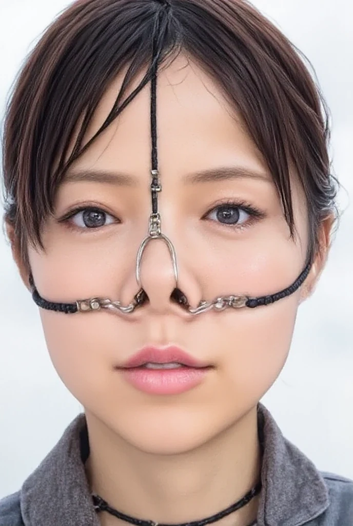 black leather breastless bondage costume，Arm sack， leather restraint to fix the arm，Japanese woman，with a ball gag on the mouth，Mouth gag，has a painful expression，