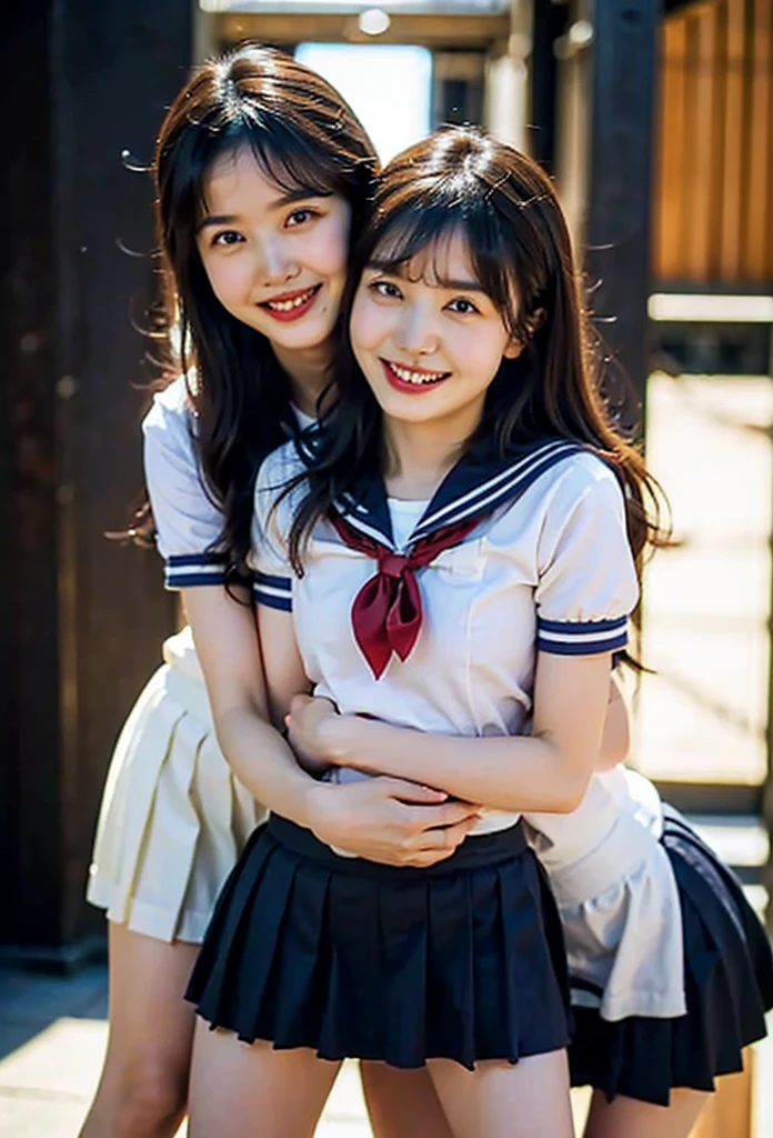 Neat and cute girl,japanes,（（11-year-old girl））、（Diagonal rear view）、a miniskirt、Neat sailor suit、White High Socks、Loafer shoes、Balanced eyes、 (Best Quality Detail:1.2)、realisitic、16K High Resolution、The ultra-detailliert、High quality textures、intricate detailes、Very detailed CG、High quality shadows、Detail Beautiful delicate face、(Detail Beautiful delicate eyes:1.32)、depth of fields、光线追踪、(Beautiful 11 year old cute Japan woman:1)realisitic、超A high resolution、​masterpiece、Full Body Display、s asleep,Two girls in uniform lying on grass in park、Slimed，Erotic Poses，（（ Sensual look）），Show your legs wide open，（Shy look）、（Lori's Schoolgirl），wetted skin!!、Spread legs、Raise your hips high，Float your hips high、Close-up from the front、goddess of Japan、A dark-haired、（（See-through school uniform）），（（See-through uniforms）），Opening legs、smooth translucent white skin、（（hug from behind））， Japan school uniform, Seifuku, japanese girl school uniform, wearing japanese school uniform, Sailor Uniform, Twin-tailed, Kantai Collection Style, Wearing school uniform, Dressed in uniform、Wearing school uniform, （（JK Uniform））, official artwork, School uniform, a-1 pictures,（Full Body Display）（the kiss）（puss）（kiss）