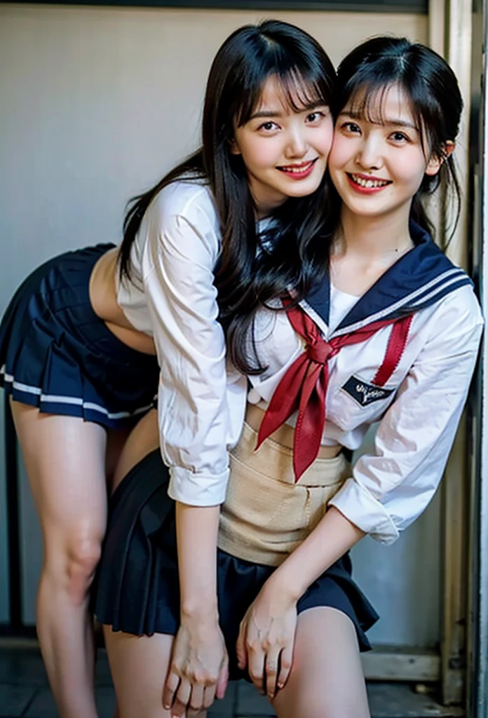 2 girls in school classroom,navy blue long-sleeved shirt with sailor collar,red bow tie,navy blue speedo briefs,18-year-old,bangs,a little smile,thighs,knees,short cut hair,low ponytail,from below,front-lighting