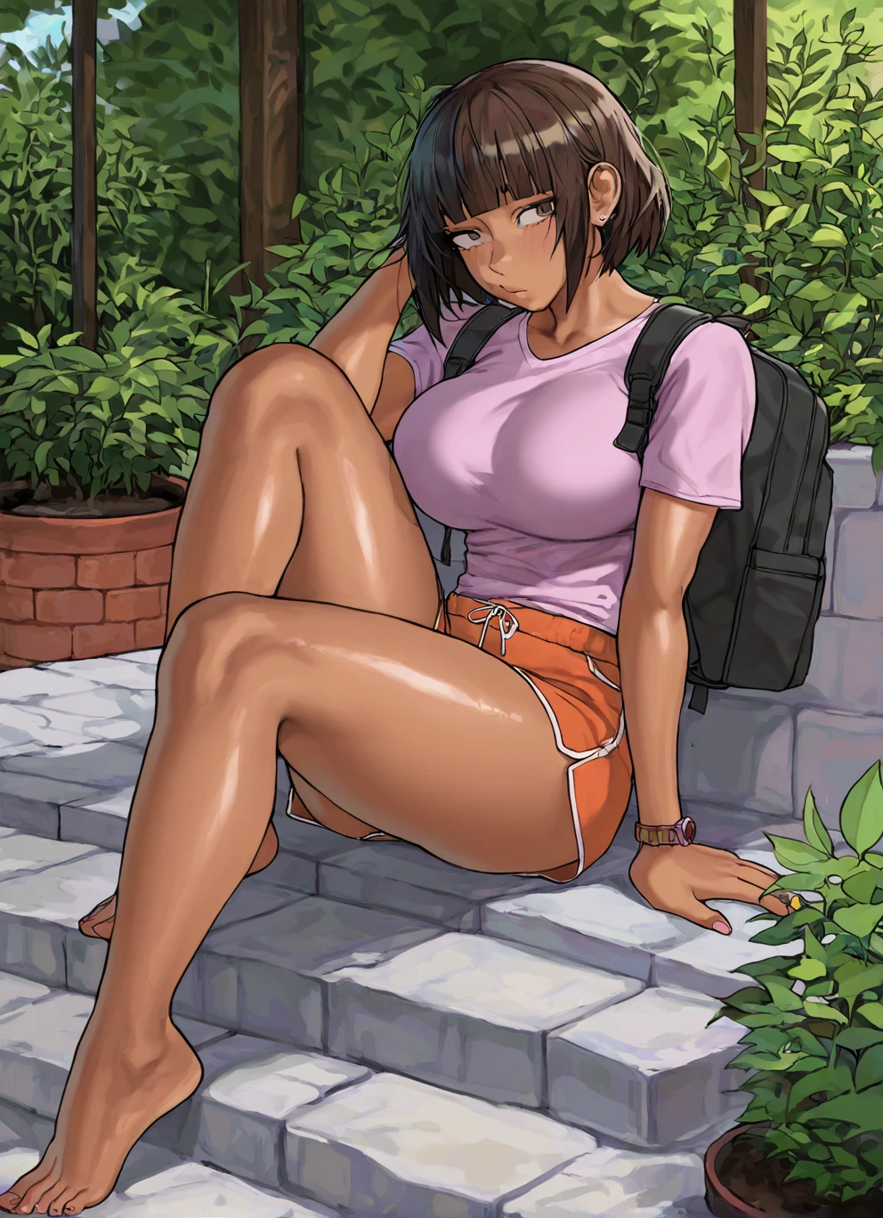 naxius_noxy, (masterpiece), (best quality), (ultra-detailed), amazing quality, very aesthetic, illustration, perfect composition, intricate details, absurdres, incredibly absurdres, shiny skin, realistic, dynamic pose, perspective, naxius_noxy, 1girl, , roropull, (masterpiece), (best quality), (ultra-detailed), amazing quality, very aesthetic, illustration, perfect composition, intricate details, absurdres, incredibly absurdres, shiny skin, realistic, gud0c, score_9, score_8_up, score_7_up, score_6_up, (masterpiece,amazing quality,best quality,anime coloring),score_9,score_8_up,score_7_up,zPDXL2,zPDXLxxx,zPDXL3,doraSDXL,1girl,short hair,brown hair,shirt,brown eyes,ass,thighs,orange shorts,backpack,pink shirt,mature female,dark-skinned female,blunt bangs,garden,sitting,  mare style, feet, nshk