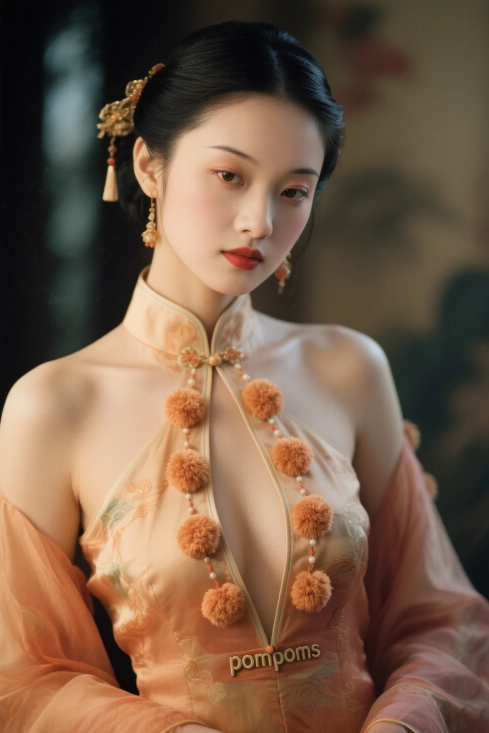 Loincloth seen from the front She is naked in the Chinese court of the Qing Dynasty, wearing a red loincloth with both hands open. The Qing Dynasty Empress The size of a Chinese empress. She wears a crown and has her hair tied up at the back.