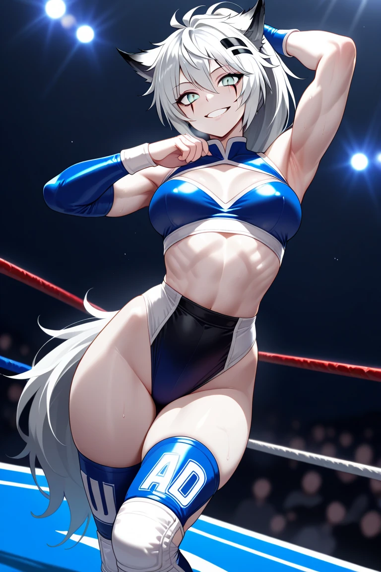 ((masterpiece)),((best quality)),(ultra-detailed),(an extremely delicate and beautiful),detailed background,((1girl)and(1shota boy)),((((hetero)))),(((wrestling ring))), ((((1girl,short stature)))),((((miyako(swimsuit)/(blue archive/)))),official alternate costume,(slender body:1.4), (long hair,ponytail),white hair,bangs, purple eyes, (midium breasts), seductive grin smug, pale skin,shiny skin, ((She wears one piece swimsuit,frilly swimsuit, hair ribbon)), cheeky,half closed eyes,(trembling), clothing aside, cowgirl position, bouncing breasts, (((man of top))), nipple, penis, pussy, vaginal penis, (((motion lines))), (((vulgarity))), motion lines, leaning forward, POV, holding hands, interlocked fingers, ceiling, looking down from below, looking at viewer,((((ejaculation)))), (cum in pussy:1.4),cum on clothes,cum on breasts,cum in mouth,cum on hair,(excessive cum), ((((1shota boy,short stature)))),(petite),large penis,dark-skinned shota,interracial,