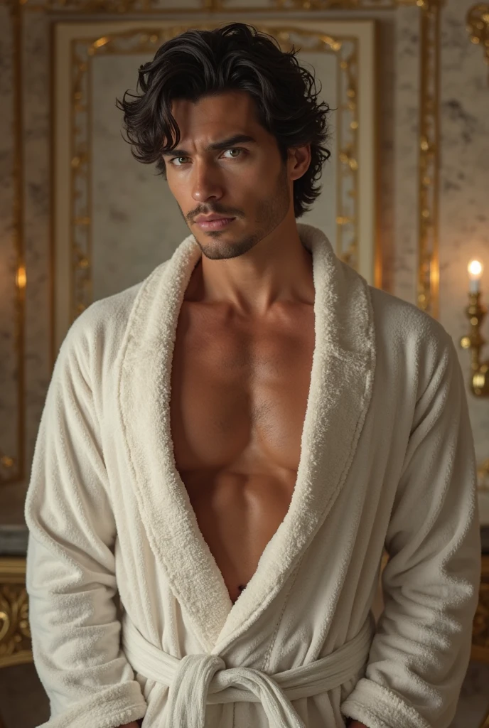Josh Harnett with short hair slicked back, naked, passion,lust, beautiful bodies, correct anatomy, Victorian era, The most realistic face, realistic body, detailed face, silk towel around hips, night, candles.