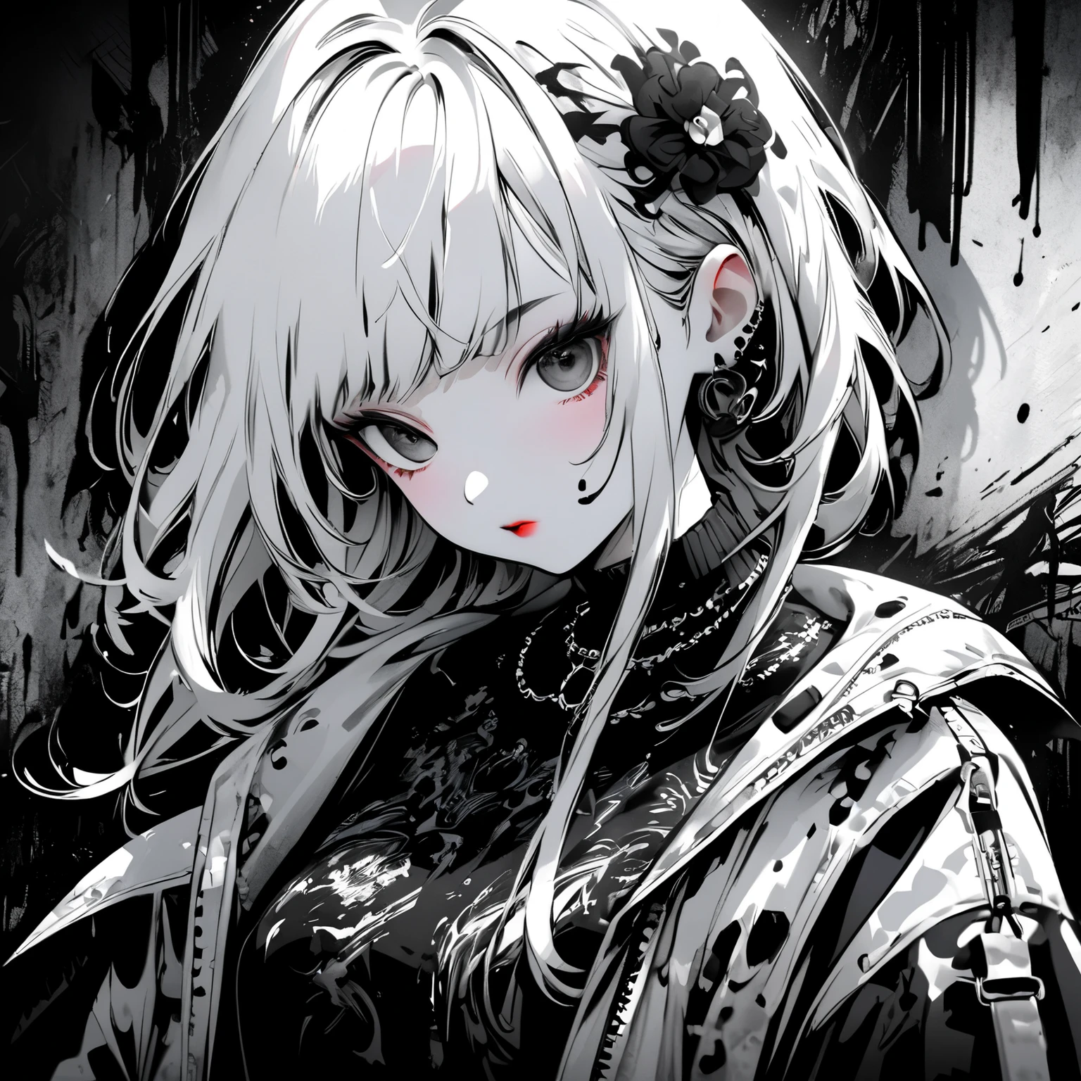 Create digital artworks in the pop art style、ink style drawing、Black ink on white paper、Street fashion、Gothic Fashion、Black and white brushwork、Emotions must be dynamic、Upper Body、drawing、shape、white and black ink、Thick ink lines、The pen strokes are very detailed and dynamic、Expressing shadows with precise lines、