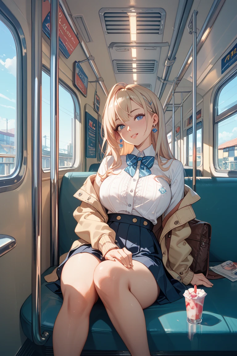 (Highest quality, 8K, 4K, High resolution, masterpiece:1.2), Very detailed, Anime Style:0.9, Realistic, Bright colors, Written boundary depth, Blurred Background, alone, 1 female, (blonde, Long Hair, Dark brown eyes), Beautiful facial details, Beautiful Eyes, Long eyelashes, Soft lips, (Small face), (smile:1.3), Rear View, ((uniform:1.2, )), train, (Sit with your legs apart), Lace Underwear, Big cleavage, Expressions of ecstasy, Sweat, Blushing, My body is soaked, Wet Panties, Cloudy semen splattered on her chest,