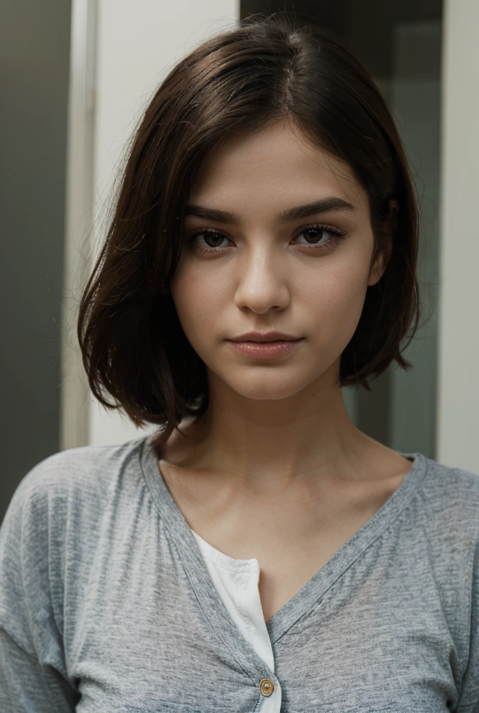 Realistic,dramatic lighting,1girl,solo,detailed face,realistic eyes,realistic skin,black hair,dynamic pose, dynamic angle, white sweatshirt, long hair cut, raw photo,a selfie taken with iphone camera,beautiful detailed eyes and face