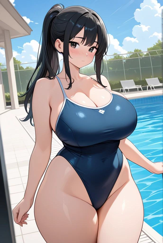 masterpiece,Highest quality,Highly detailed face,(((A slim and sexy girl))), ((1boy and 1girl are having sex)),((Cum there)),(((cowgirl position, girl on top:1.3))),(Black hair ponytail), (((Huge breasts)))、Erect nipples、 (((School Swimsuit:1.4))),((straddling a man:1.5))、((Painful face))、Heart symbol、excited、White Breath、(((Sex in the school pool)))、(Sweat:1.2)、Nervous、Heart symbol