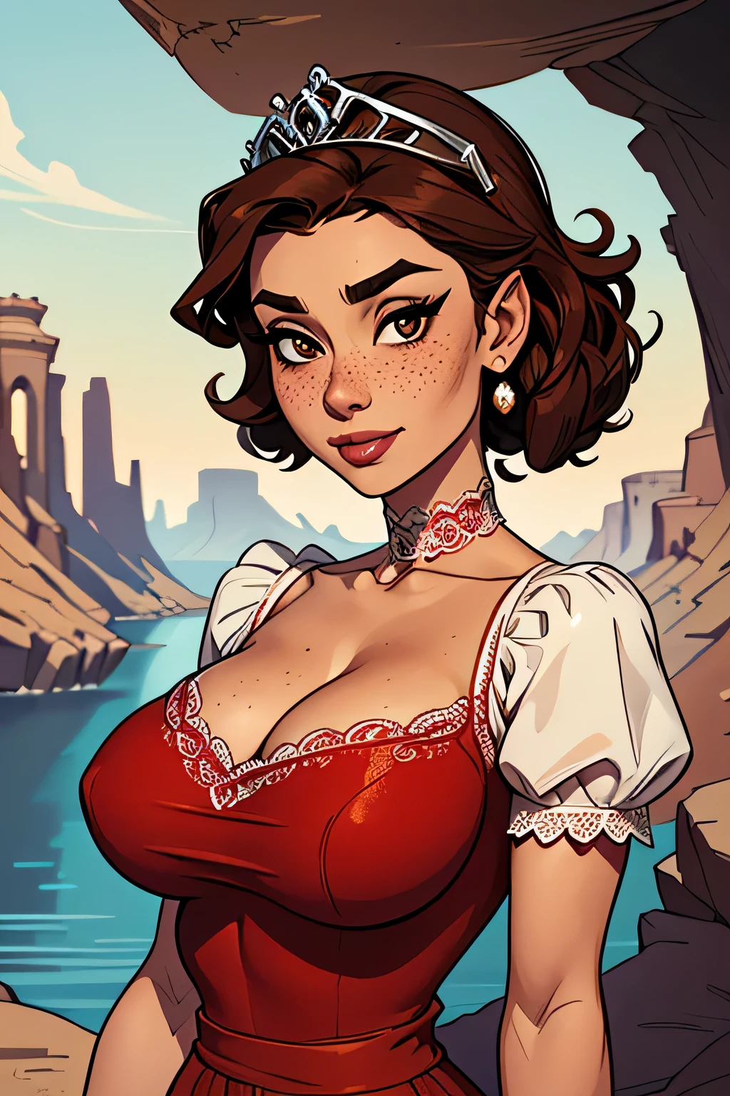 ( Absurdo, hd , Ultra detailed, be careful with your hand ) Close-up view of a slim and athletic woman, 25 anos, 8k (( high definition )), MYSTERIOUS SMILE, look seductive, brown eyes sweater, wears a royal red high-waisted long dress (( with lace V-neck , renda chantilly, tiara, short sleeves )), thin waist, arms at her sides, pele branca, brown hair (( Short and curly )), It's in a cave (( upper body )), with freckles on the neck and breasts , (( big round breasts, suaves )), (( Well defined collarbone)). Marvel style (( hq )), cave in the background.