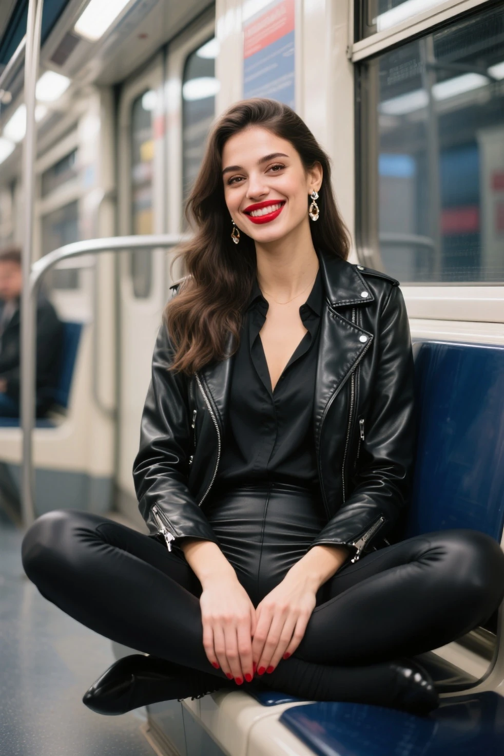 Italian girl 25 years old, beautiful, wonderful, sitting cross-legged, on the train in Paris, alone, 1 girl, real, very high resolution, 16k, elegant jeans, luxury, fabulous body, top, blouse, red lipstick, sensual, sexy, earrings, black leather jacket, beautiful smile, beautiful model