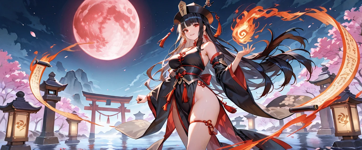 princess azula, evening, sunset, looking at viewer, cleavage, red satin robes, clothed bathing, girl floating above the water, palace, temple, fire, lava, red glowing, smug face (NSFW)