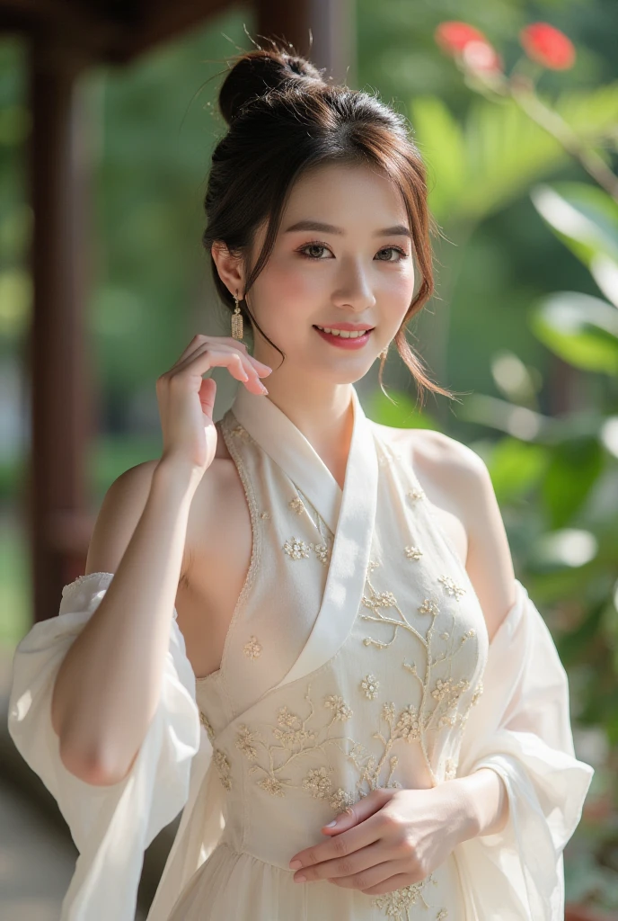 (looking at viewer,close in viewer:1.6),cleavage,small breasts,(beauty hair,ostentatious hair accessories,gorgeous hair accessories,light smile:1.15),1girl,light smile,happy,((((upper body,real face photo,indoor background,has window,background blur)))),big eyes,analog style,physically-based rendering,ultra-detailed,professional lighting, photon mapping,(outdoor,bokeh),(RAW photo, best quality, masterpiece:1.3), (realistic, photo-realistic:1.3),detailed facial features,slim girl,tassel, innocent, bangs,(pureerosface_v1:0.55) ,(ulzzang-6500-v1.1:0.75),(flower_style:0.05),<lora:bridal_hairstyle-10:0.1>,(bridal hairstyle:1.15),ear ring,hair bow,hair ring,bare shoulders, bare abdomen,cosplay style,(deep-V style hanfu with miniskirt:1.25),silk style,slim waist,a littie naked,narrow miniskirt,<lora:Song_HanFu:0.09>,<lora:tang_hanfu:0.09>, <lora:hanfu_v29:0.1>,<lora:hanfu_v28:0.1>,<lora:hanfu_v30:0.11>,<lora:hanfuMing30:0.1>,<lora:hanfuChineseWeddingDressWomen_v15:0.11>,(sexy pose),more colorful clothes,(look at viewer,real face photo:1.1),naked body with hanfu,more naked style,