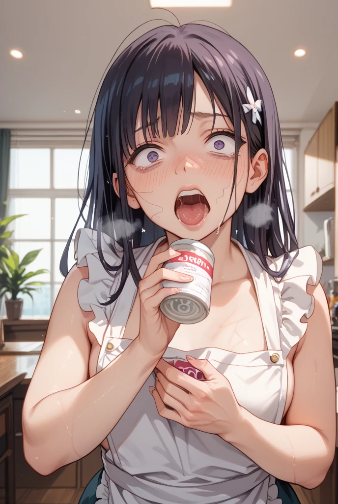handjob,side view,eye-level shot,face focus,open mouth,tongue out,cum on tongue,Licking a white dildo,(1girl,Beautiful 16 year old girl),((Slender,Small breasts,Baby Face,Small face,)),looking at viewer,Black Hair,bangs,two side up,Gray Eyes,Drooping eyes,slit pupils,narrow eyes,collarbone,White sweater mini dress,bare shoulder,Beautiful and detailed anime art,Mischievous smile,Dimly lit room,Simple Background,Gray background,Low lighting