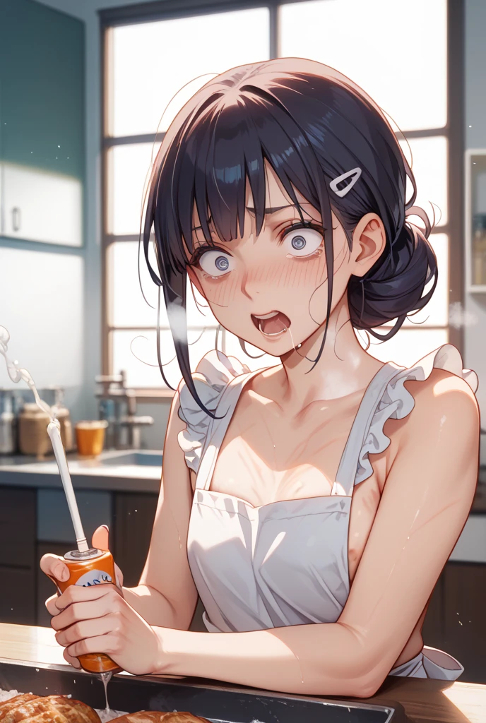 looking ahead,from above,kneeling,handjob,side view,face focus,open mouth,tongue out,cum on tongue,Licking a white dildo,(1girl,Beautiful 14 year old girl),((Slender,Small breasts,Baby Face,Small face,)),looking at viewer,Black Hair,bangs,two side up,Gray Eyes,Drooping eyes,slit pupils,narrow eyes,ollarbone,white t-shirt,off-shoulder look,Denim shorts,Beautiful and detailed anime art,Mischievous smile,Dimly lit room,Simple Background,Gray background,Low lighting