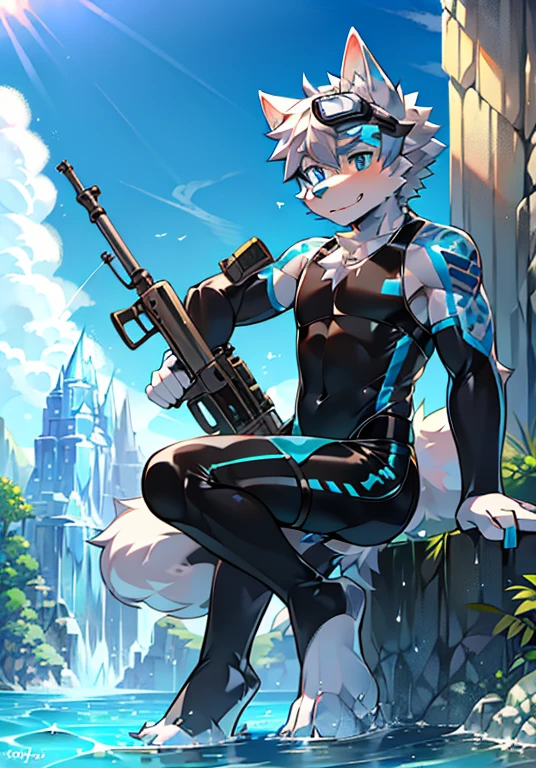 Furry，wolf boy，White fur，crystal blue eyes，Single fluffy tail，greyt hair，short detailed hair，summer day，dive，Wear diving goggles，masculine features，Squat，asshole，bulge，Sexy latex swimsuit，(warrior)，Tactical clothing，rifle，Soldier，arms