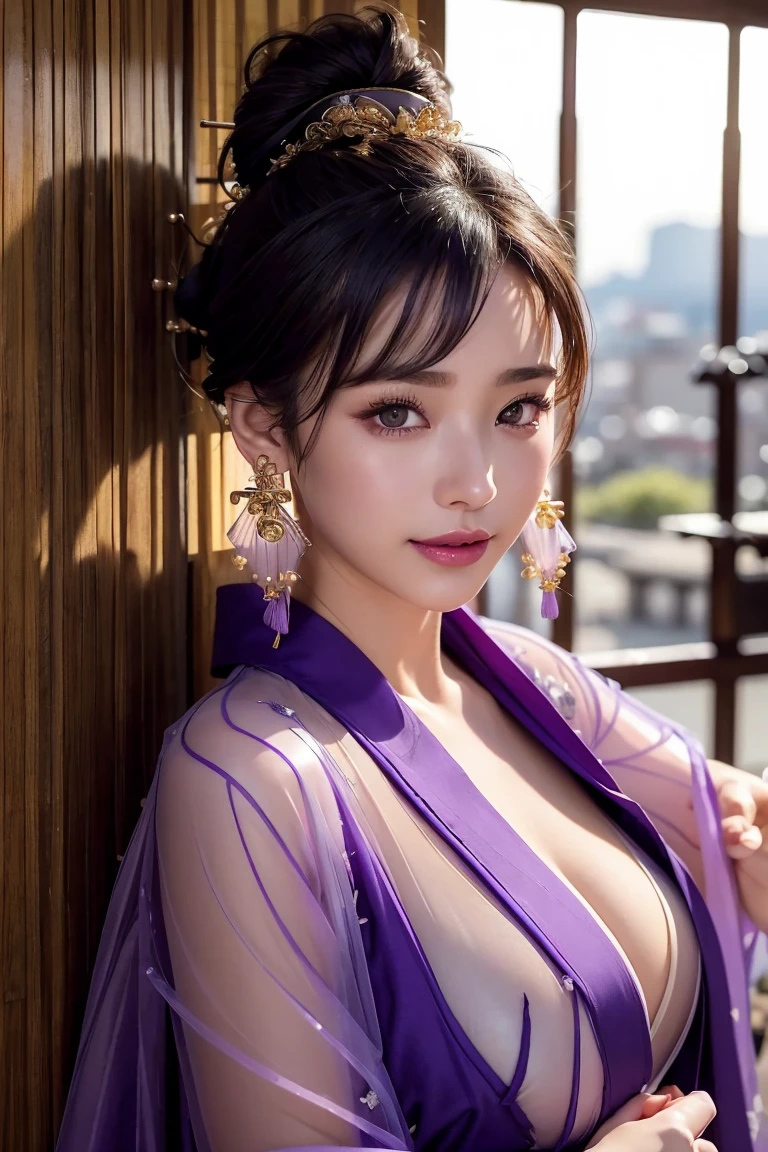 8K、 (Super sexy purple outfit made of shiny silk), Enchanting Girl, Very detailed,Audrey Hepburn, Exquisite decorative details 、Pastel tones 、 Very intricate details 、 Realistic Light,Luxury Bridal Dress,(((sideboob)))、From the side、Elegant cuteness
