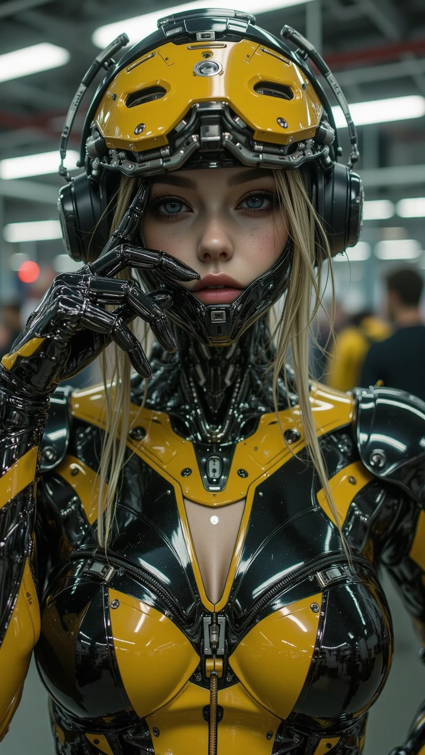 profile photo, in front of the yellow wall, Asian cyborg woman without body, connected by cable, Twisted cable and wire and LED, Charming eyes bodypunk PLC robot、silver motor head, with ray gun, 80 degree field of view, art by:sergio lopez, natalie shau, James Jean and Salvador Dali, (Yellow background:1.5)