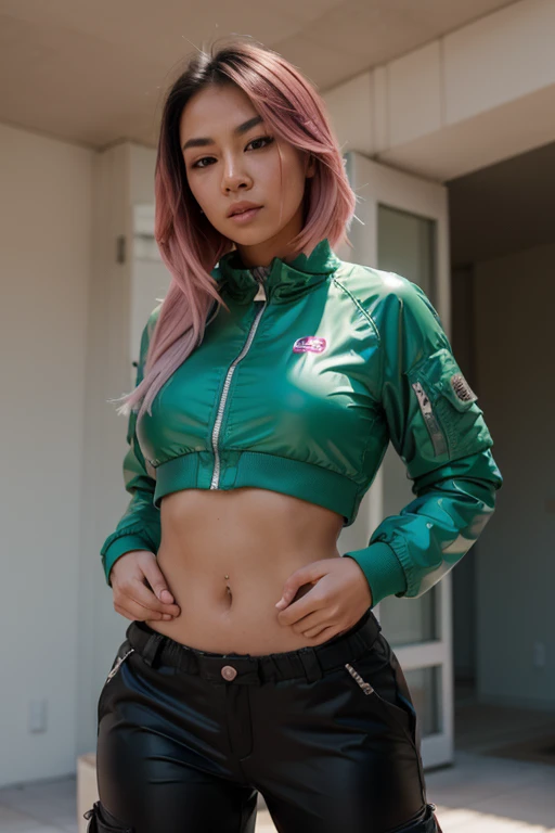 Ass, gyaru, dark-skinned, wearing pink trackjacket, wearing pink thongs, day light, in summer green hills