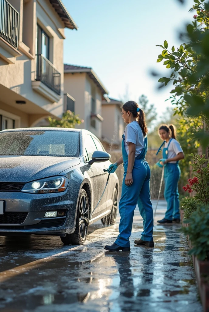 Two cute teen girls cleaning a car
