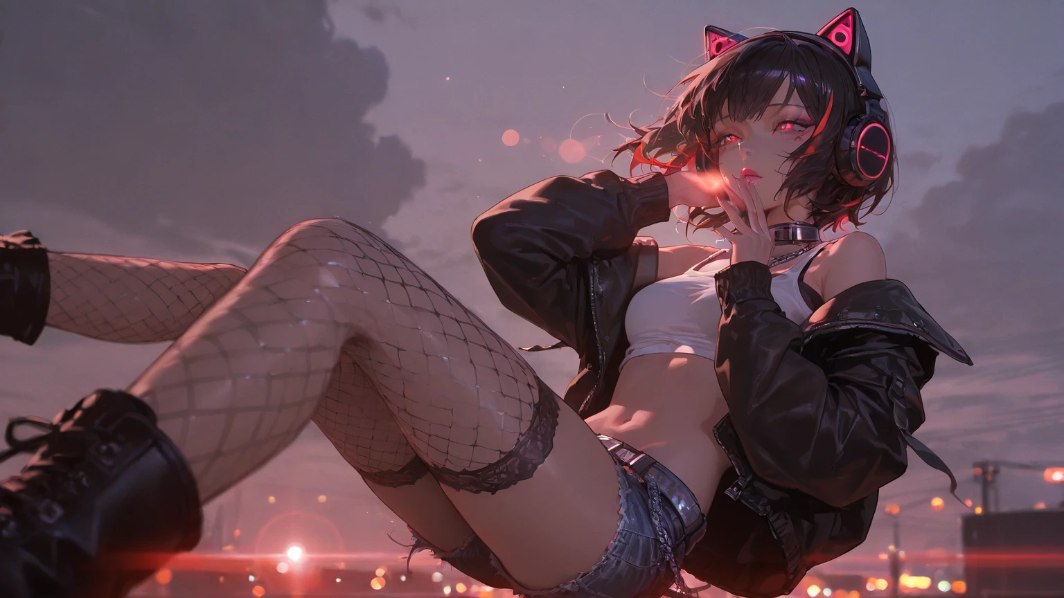 realistic, 1girl, full body, black short hair, cat ear, glowing pink eyes, thin shirt with only one button, sexy skirt jeans, underboobs , raised his hands behind his head, parted lips, big breast, blush, standing, midnight, hyper-detailed, high quality, 8k, photorealistic, professional digital painting, dramatic lighting, vibrant colors, intricate details, serene atmosphere, natural environment, ethereal, dreamy