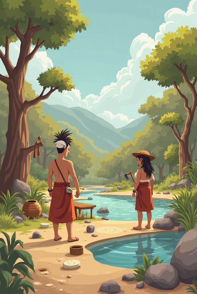 Colourful, animated jungle cartoon image of a man wearing a dhoti sitting with a fresh axe in front of him