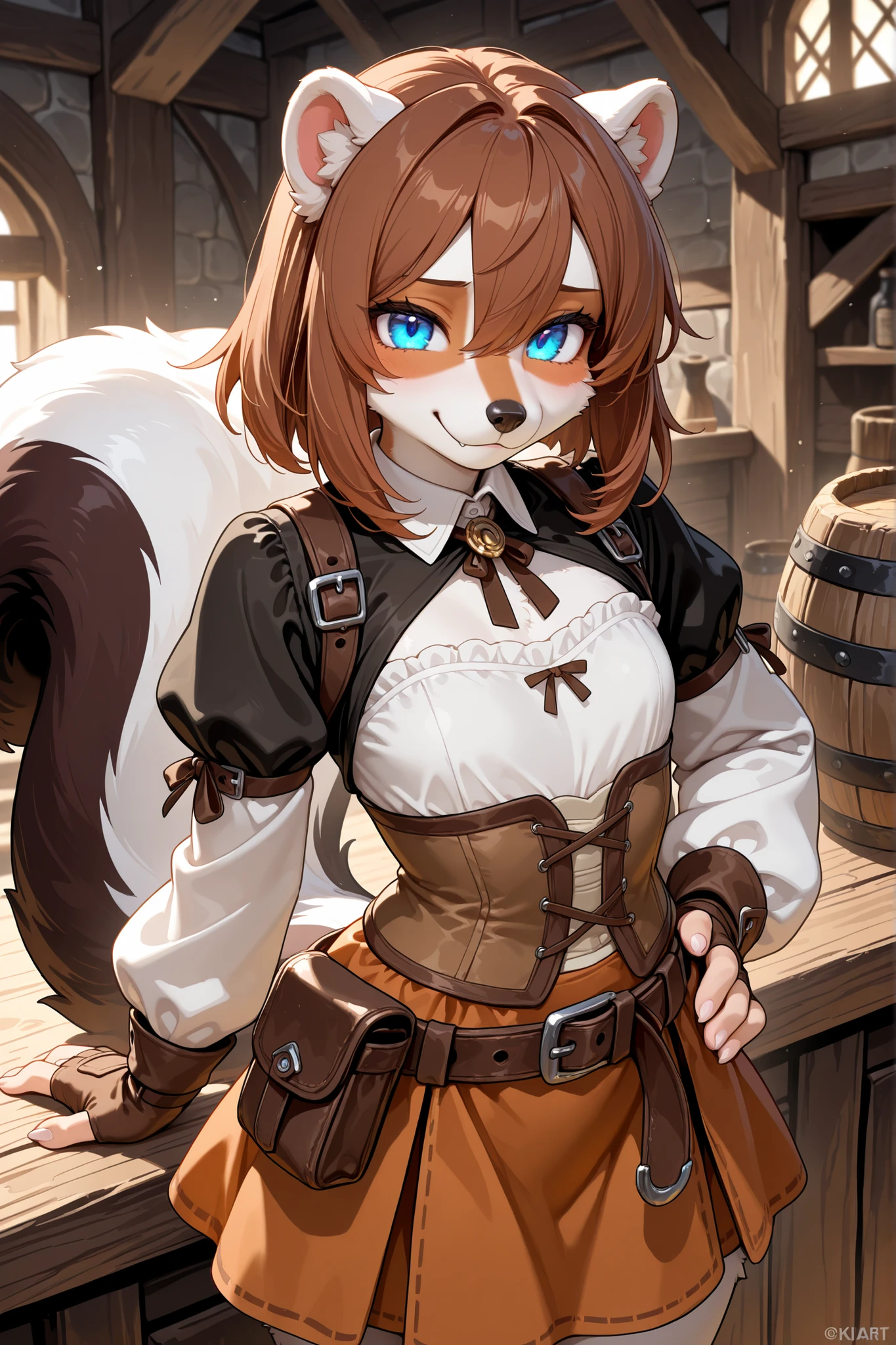 masterpiece, best quality, newest, absurdres, highres, furry, solo, 1girl, tail, furry, animal_ears,glowing blue_eyes, brown_hair, belt, looking_at_viewer, furry_female, gloves, skunk_tail, sad smile, skunk_ears, fingerless_gloves, hair_between_eyes,long skirt, hand_on_hip, snout, pouch, brown_gloves, cream white corset, skunk_girl, fangs, medium_hair, long_sleeves, brown_belt, artist_name, tavern outfit, flat chested