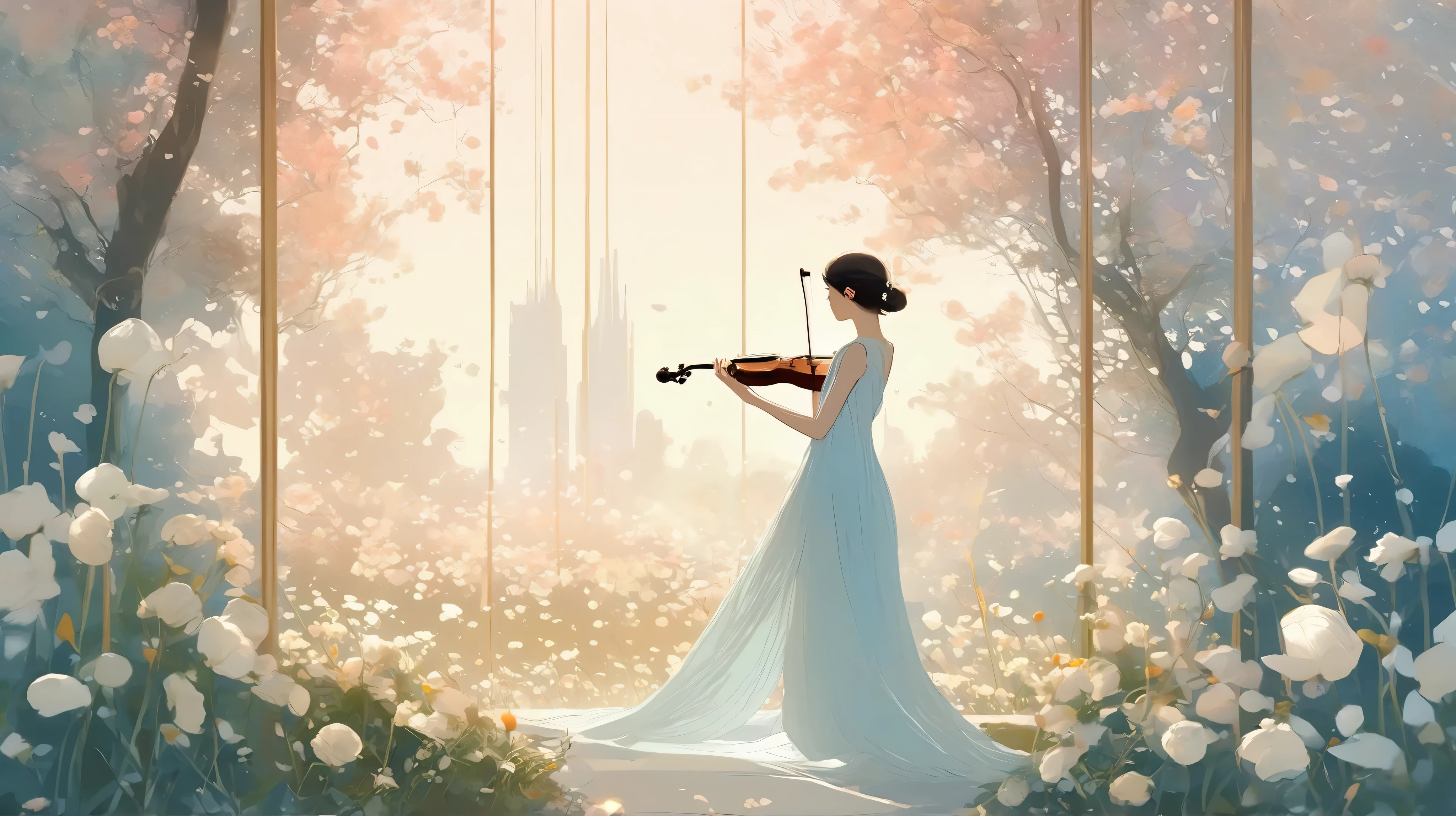Loish and Pascal Campion art, an ethereal scene of surreal giant flowers blooming, soft white bells gently drooping like tiny translucent porcelain chimes, their fragrance lingering in the silver air. A gentle breeze stirs the leaves, dew shining like pearls on blue and pink stems, while the warm morning light filters through a veil of haze, creating halos of glow around each flower. Delicate and dynamic representation, a tall, slender woman playing violin in beautiful white evening dresses. The scene radiates sweetness and grace, with the stillness of a dream just before waking. Subject: surreal flowers in a soft morning glade, 8k resolution, delicate light diffusion, pale blue and pink palette, gentle movement, glowing vignette, traditional Japanese sensibility, surreal ambiance, ephemeral mood, trending on ArtStation, dreamlike stillness, floral symbolism, subtle highlights.