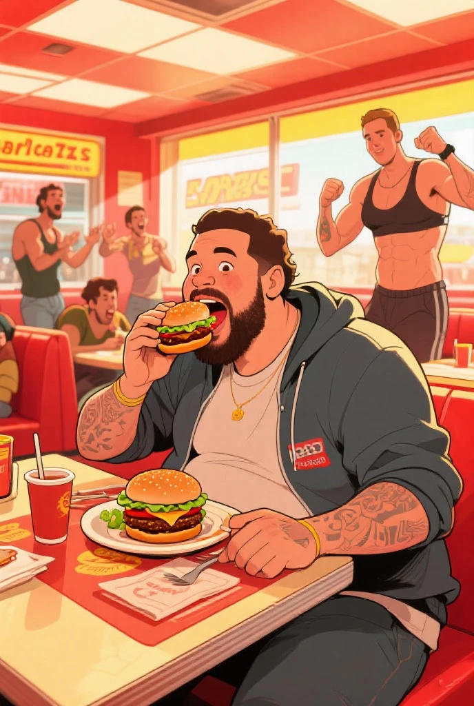 16 year old Miles Morales lies naked in his bed eating a double cheese burger and showing his abs,