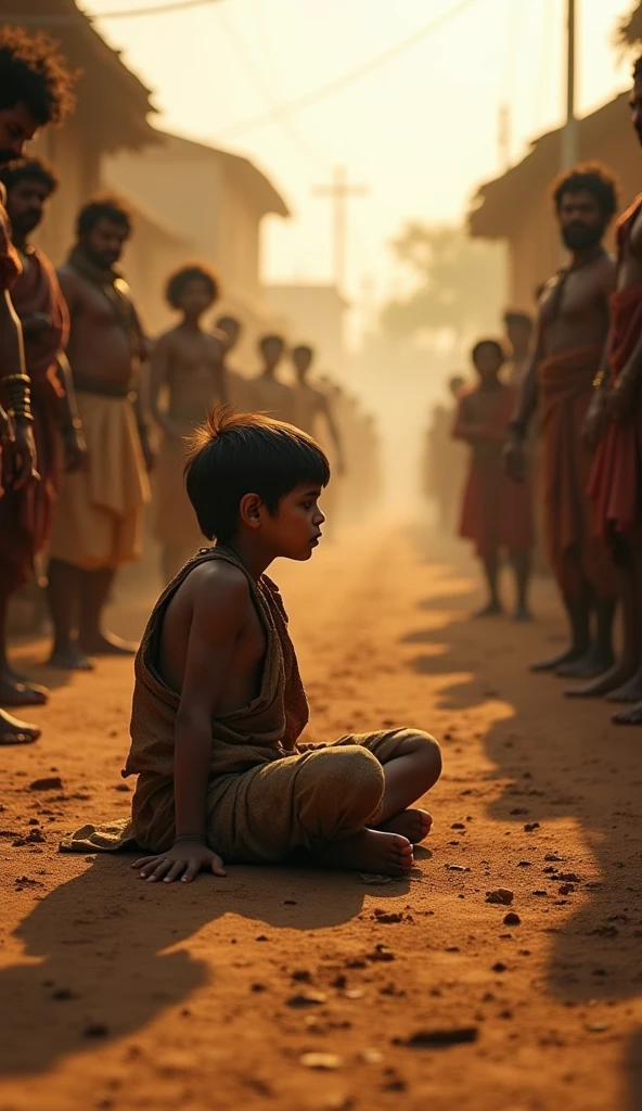 In a similar village setting, Moha a young boy is shown sitting on the ground, wincing in pain as he holds his foot where a thorn has pierced his skin. His face reflects discomfort and regret. Nearby, villagers pass by, some looking concerned, but most ignoring him due to his past behavior. The mood is tense, with the lush surroundings now feeling distant.